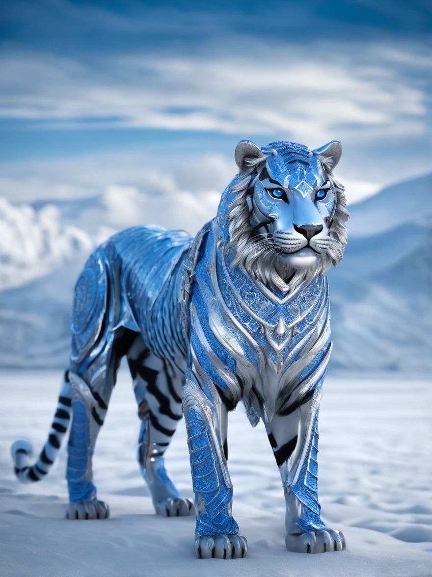 portrait of ultramarine crystal ice tiger in detailed elfic armour and open elfic helm in mystical style with mystical emotions and mystical eyes, heaven horizon, silver, white, desert landscape, ornate, intricate, realistic, detail,