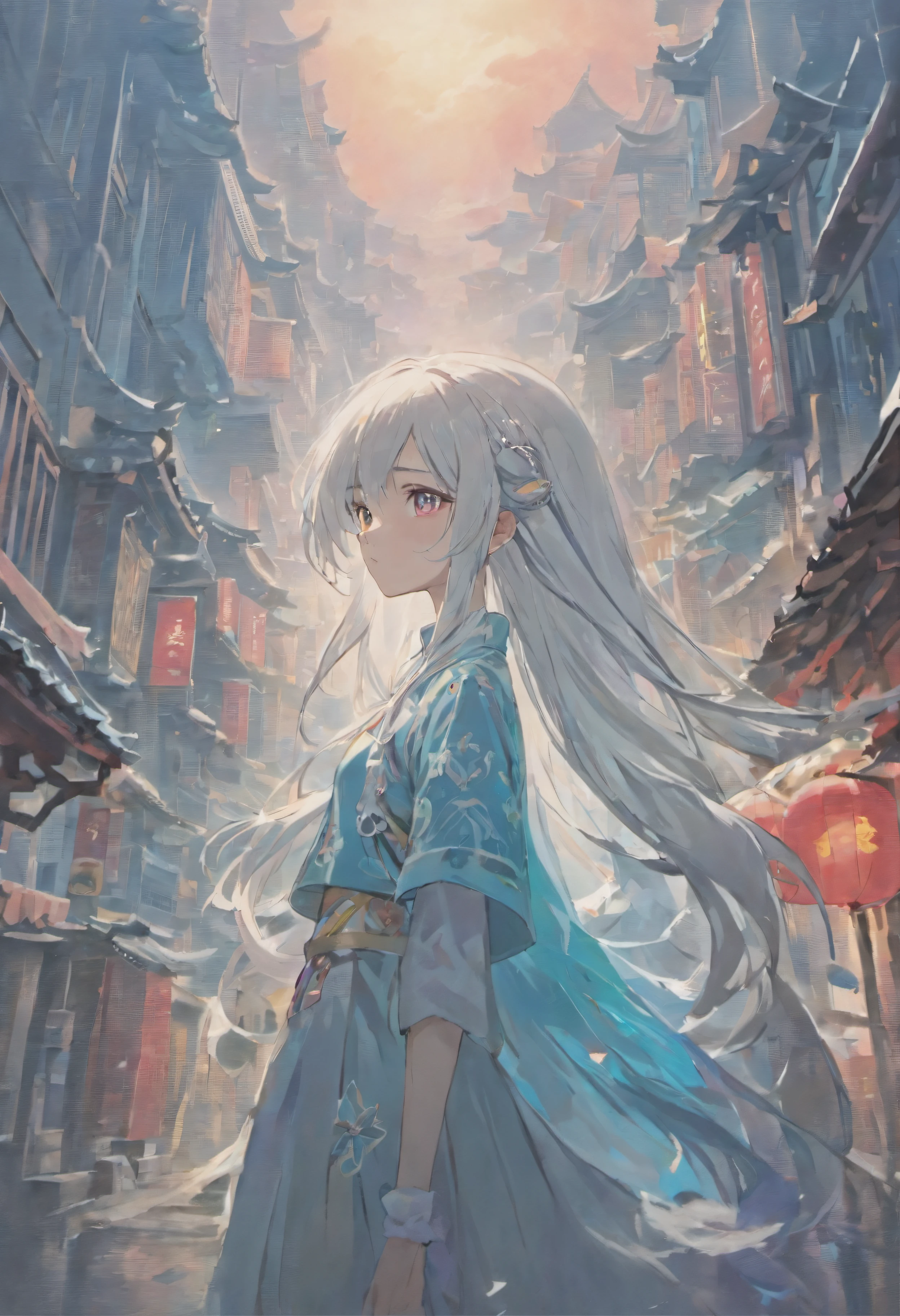 offcial art,tmasterpiece, sharp-focus,(Beautiful gorgeous cute girl:1.3),Poetic makeup,Delicate and beautiful hair and eyes and face,Ultra detailed, cute female child, Sky at sunset, Luminous white particles, (side-lighting:1.2), sun light, White cloud, Detailed clouds, Slender, Vivid expressions,(Cityscape:1.7),Ancient architecture in Chinese style,Dynamic hair texture,long whitr hair,Delicate white hair,Beautiful red eyes, Blue-cyan pleated shirt ,JK skirt,Pink skin, Chinese hair accessories, epic landscapes,Single horsetail,Smart eyes,Side view lens。The past meets the future。