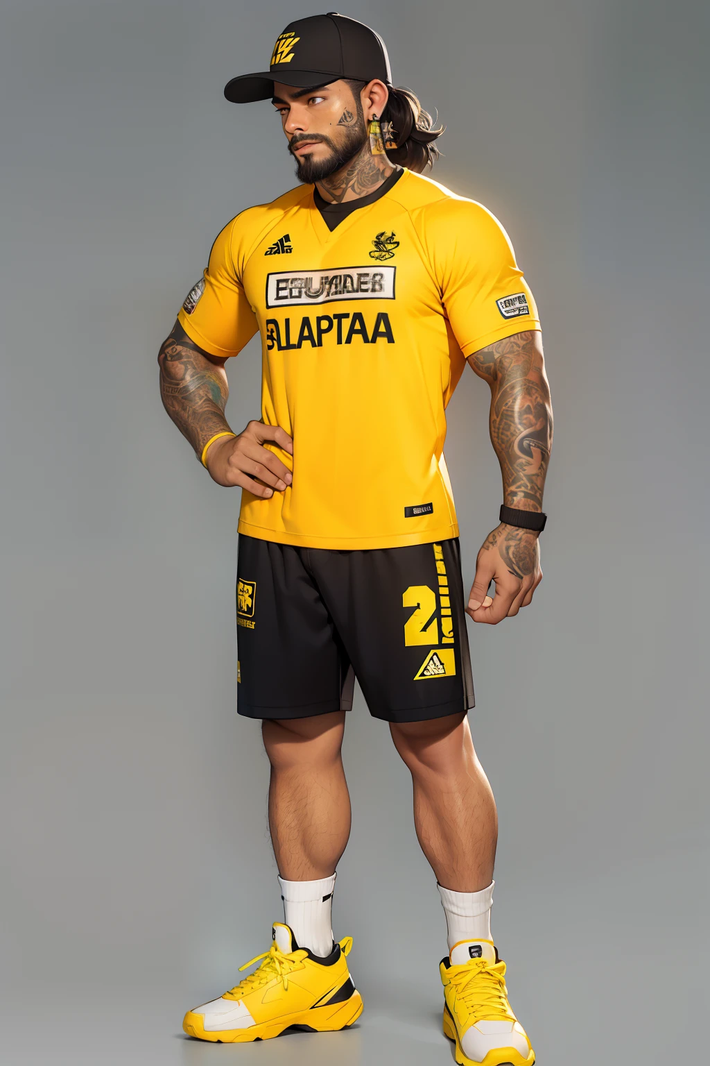 character sheet, filipino male, brown curly hair, standing, beard, slim build, baseball cap, socks, neon socks, butchers clothing, mullet, full body tattoos, boots, blackout tattoos, earrings, yellow soccer team shirt