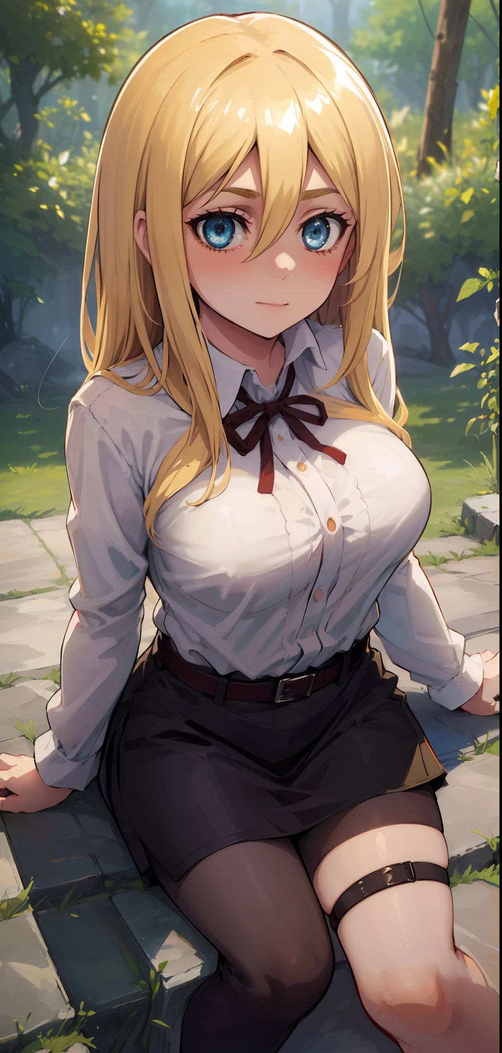 (day:1.7), Forest background,
sitting on the floor,long sleeves,belt, Black_pencil_skirt,
thigh strap, thighs,
blonde hair,blue eyes,bangs, Long_hair,(hair between eyes:1.3),
1 girl, 20yo,mature female,Beautiful Finger,Beautiful long legs,Beautiful body,Beautiful Nose,Beautiful character design, perfect eyes, perfect face,
looking at viewer, in the center of the image,focus on face,
NSFW,official art,extremely detailed CG unity 8k wallpaper, perfect lighting,Colorful, Bright_Front_face_Lighting,
(masterpiece:1.0),(best_quality:1.0), ultra high res,4K,ultra-detailed,
photography, 8K, HDR, highres, absurdres:1.2, Kodak portra 400, film grain, blurry background, bokeh:1.2, lens flare, (vibrant_color:1.2)
(Beautiful,Large_Breasts:1.2), (beautiful_face:1.5),(narrow_waist),