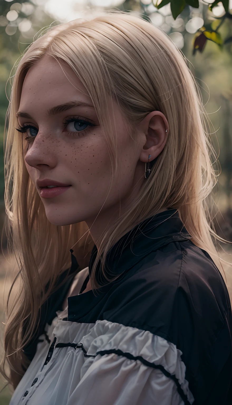 Rosto de uma mulher, americana, 25 anos, pale skin and freckles, olhos cinzas, nariz delicado, soft and delicate lips, cabelo blondie cinza longo e ondulados, sorriso meigo, altamente renderizado, fotorrealismo ultrarrealistaHD 8k