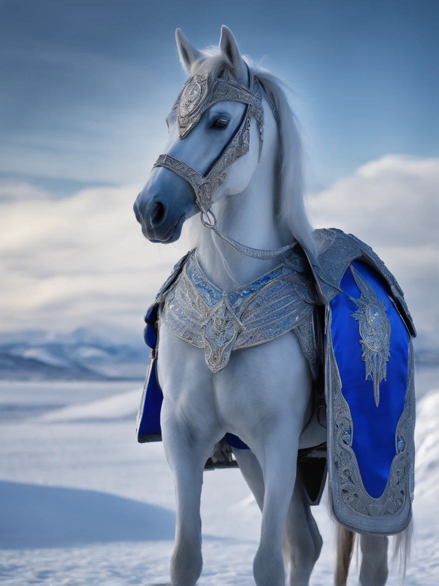 portrait of ultramarine crystal ice horse in detailed elfic armour and open elfic helm in mystical style with mystical emotions and mystical eyes, heaven horizon, silver, white, desert landscape, ornate, intricate, realistic, detail,