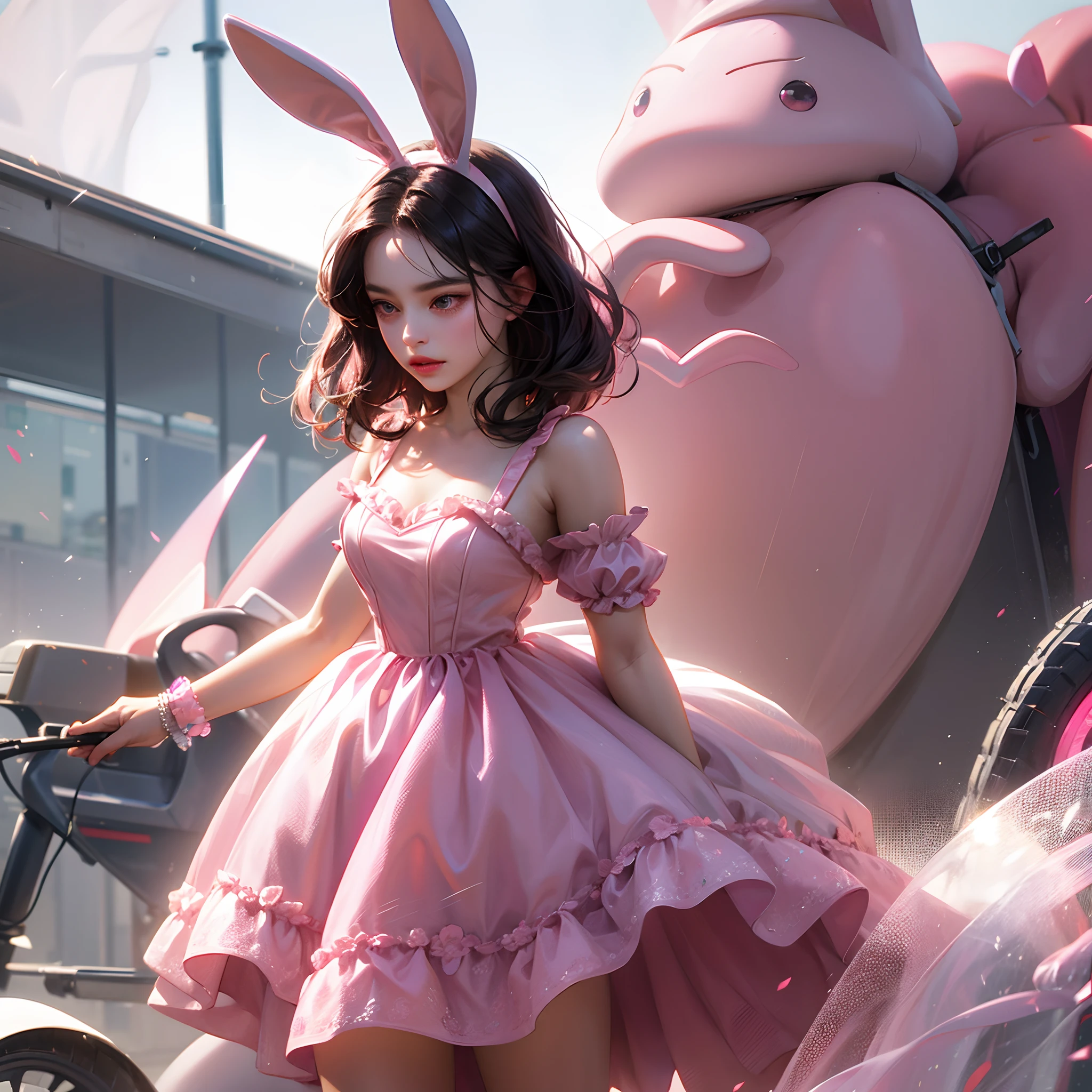 a women, pink bunny ears, black hair, pink eyes, pink dress