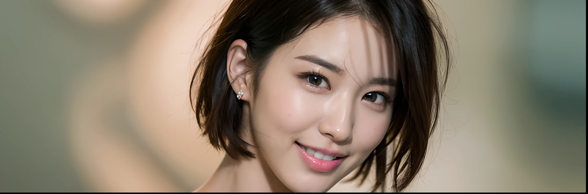 masutepiece, ultra-quality, Highly realistic images, The most handsome 25-year-old woman in the world, Very realistic skin texture,Refreshing short cut hairstyles, Refreshing smile, White teeth, facial close-up