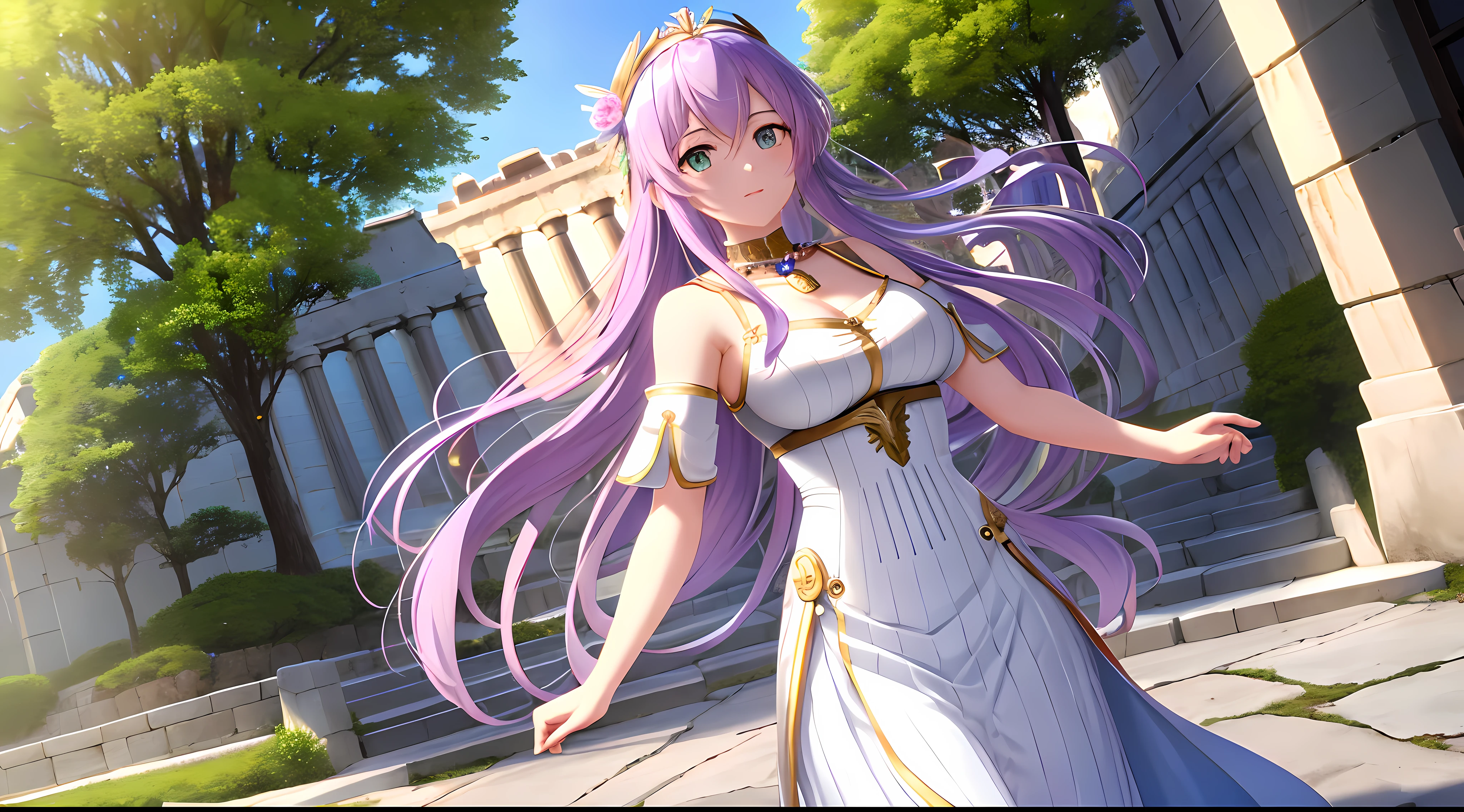 Athena with plain long light purple hair,hair between eyes,green eyes,rosy cheeks,full lips,thin eyebrows,slender body,wearing knight armor and full long skirt,praying beads on neck,cute anime girl,full body,greek Acropolis street in background,anime style,Lumen Reflections,Screen Space Reflections,Diffraction Grading,Chromatic Aberration,GB Displacement,Scan Lines,Ray Traced,Anti-Aliasing,FXAA,TXAA,RTX,SSAO,Shaders,OpenGL-Shaders, GLSL-Shaders,Post Processing,Post-Production,cell Shading,Tone Mapping,CGI,VFX,SFX,insanely detailed and intricate, 4K,standing, solo, masterpiece, best quality, detailed face, detailed eyes, highres, standing, solo,masterpiece, best quality