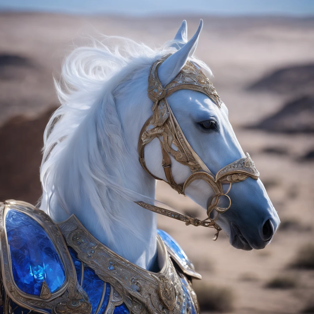 portrait of ultramarine crystal ice horse in detailed elfic armour and open elfic helm in mystical style with mystical emotions and mystical eyes, heaven horizon, silver, white, desert landscape, ornate, intricate, realistic, detail,
