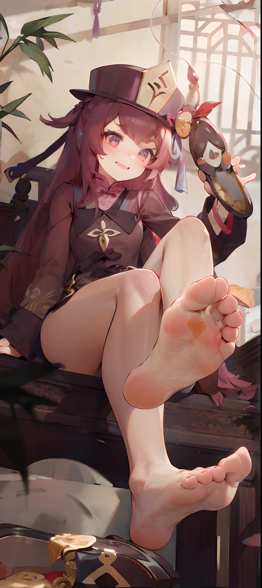 (A girl sits on a table)small li girl,standing on a shelf,small curvaceous loli,Barefoot,Long narrow eyes,A mocking expression,Beautifully designed traditional Chinese costumes,Soft and shiny fabric, Vibrant colors,elaborate detail,White and tender feet,Five toes,Details of the soles of the feet,Petite feet,Photorealistic style,Vivid colors,Detailed rendering,high resolution,4K quality,Sharp focus.