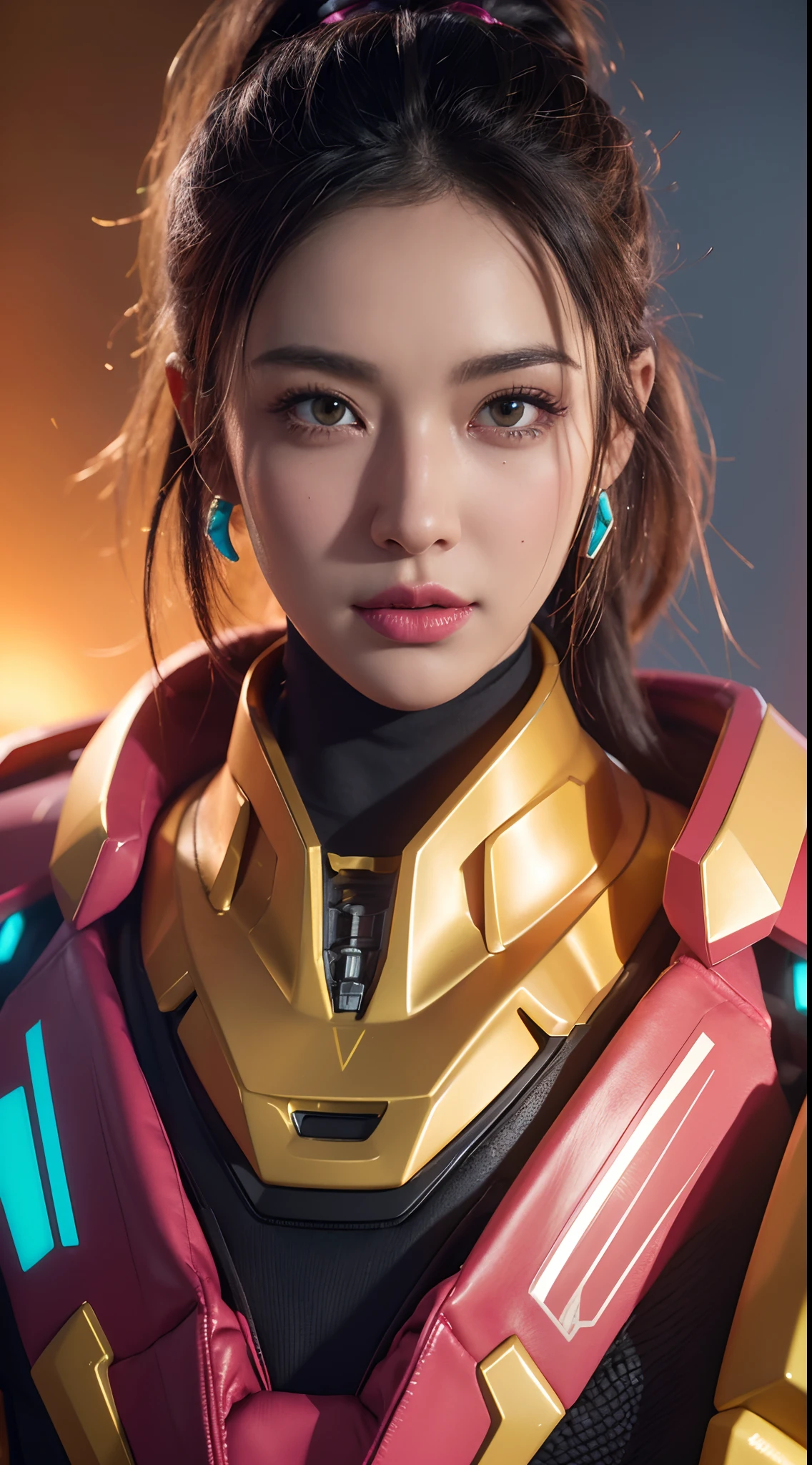 Close-up of robot in pink and gold costume, colorful vivid octane render, cybernetic and highly detailed, loba andrade from apex legends, created in unreal engine 5, made in unreal engine 5, trending on unreal engine 5, anfas portrait of a mech warrior, fantasy style 8 k octane render, rendered in unreal 5, rendered in high octane