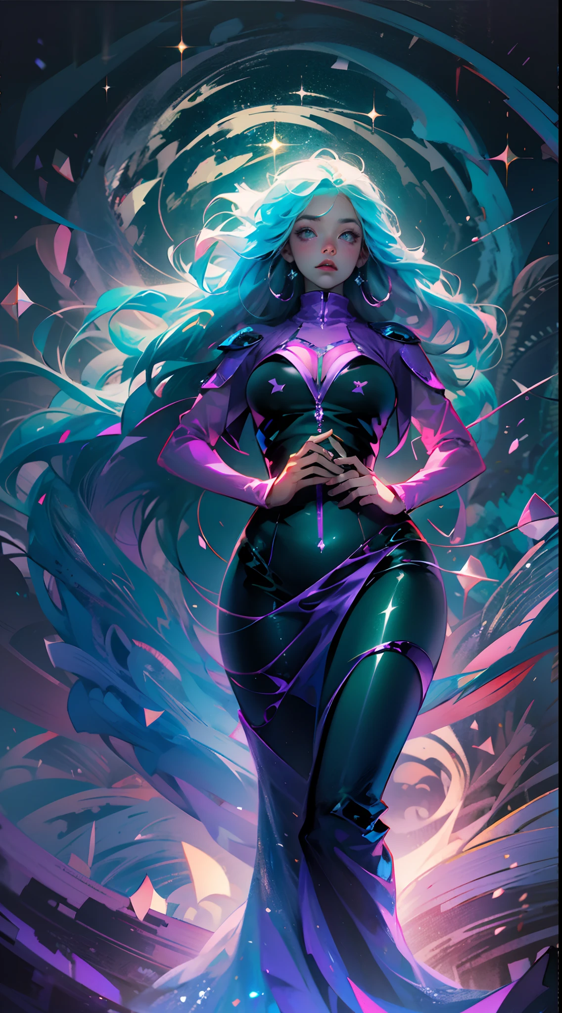 Masterpiece, best quality, 1girl, with long flowing iridescent hair in shades of purple, blue, and green, wearing a sleek black bodysuit, standing in a dramatic pose with one hand on her hip and the other holding a glowing, magical crystal ball. In the background, a swirling vortex of light and energy adds to the mysterious and enchanting atmosphere of the scene. glow hair, multicolor hair
