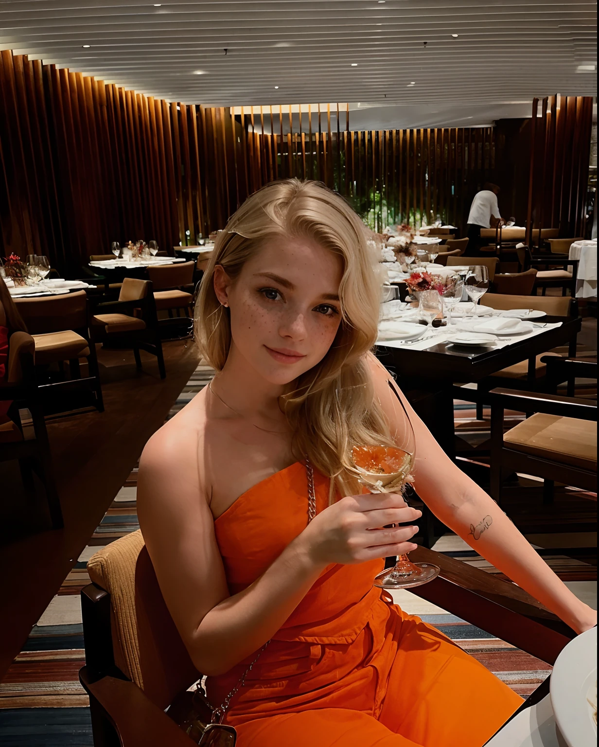 Rosto de uma mulher, americana, 25 anos, pale skin and freckles, olhos cinzas, nariz delicado, soft and delicate lips, cabelo blondie cinza longo e ondulados, sorriso meigo