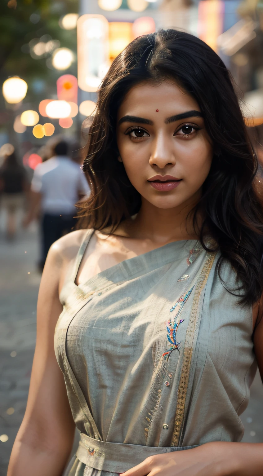 ultra-realistic photographs,Indian Instagram female model,mid 20s,9:16,mid-shot,beautiful detailed eyes,detailed lips,longeyelashes,black curly hair,naturally full eyebrows,perfectly formed nose,expressive face,attractive appearance,confident and elegant posture,graceful movement,vibrant and colorful dress,rich and intricate embroidery,night street background,serene and natural atmosphere,stunning architecture,soft and natural lighting,vivid colors,photorealistic,HDR,highres,studio lighting,ultra-detailed,bokeh