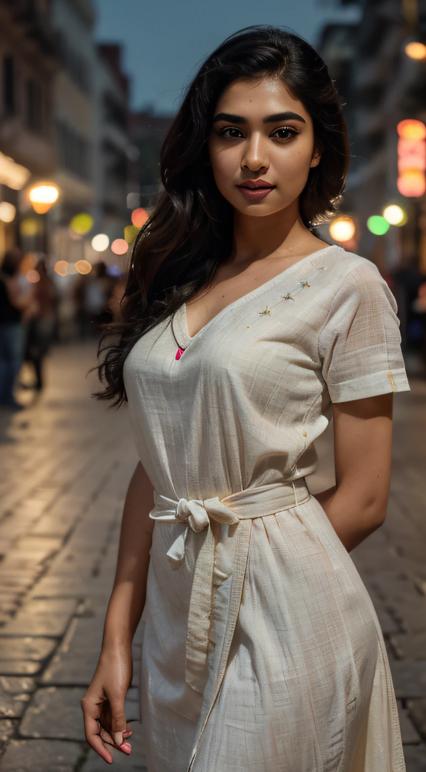 ultra-realistic photographs,Indian Instagram female model,mid 20s,9:16,mid-shot,beautiful detailed eyes,detailed lips,longeyelashes,black curly hair,naturally full eyebrows,perfectly formed nose,expressive face,attractive appearance,confident and elegant posture,graceful movement,vibrant and colorful dress,rich and intricate embroidery,night street background,serene and natural atmosphere,stunning architecture,soft and natural lighting,vivid colors,photorealistic,HDR,highres,studio lighting,ultra-detailed,bokeh