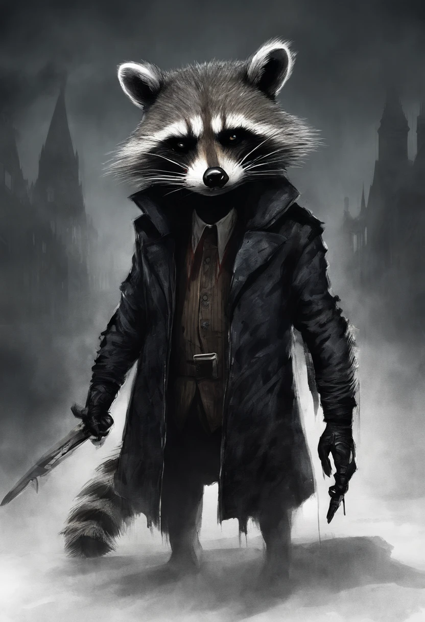 ah high, gaunt, broad-shouldered anthropomorphic Raccoon (Furry), A sense of chaos and destruction, Wears dark, Stylistic, long coat, bloody, injured