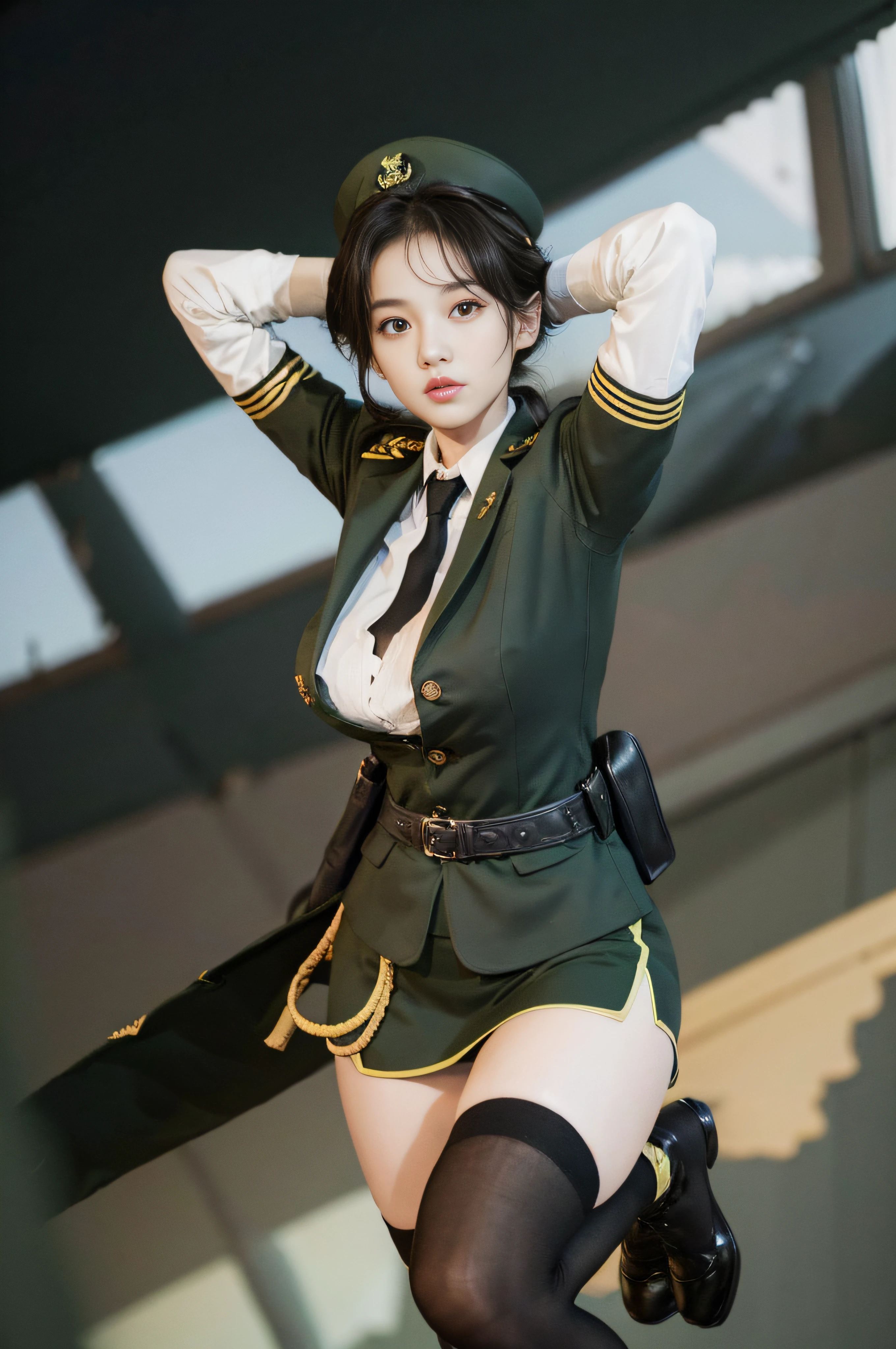 Very detailed CG unity 8K wallpaper，（tmasterpiece），（best qualtiy），（ultra - detailed），（Ultra photo realsisim），（best character detail：1.36），Nikon D750 f / 1.4 55mm，profesional lighting， physically-based renderingt, 1girll, Female soldier，army suit，Green military uniform，Long-sleeved military uniform，Lined white shirt，Dark green tie，(Army green skirt)，military hat，Black hair，the golden ratio,[:(com rosto detalhado:1.2):0.2]:,PureErosFace_V1, broad shoulder,(gigantic cleavage breasts:1.2),(big assa:1.75)，Wide buttock ，Bare legged，Plump legs，The white panties under the army-green skirt were slightly exposed，whitestocking，without wearing shoes，Soaked with sweat，red flags，In the square，bright sun，Bright smile，White teeth，lighting，Contre-Jour，