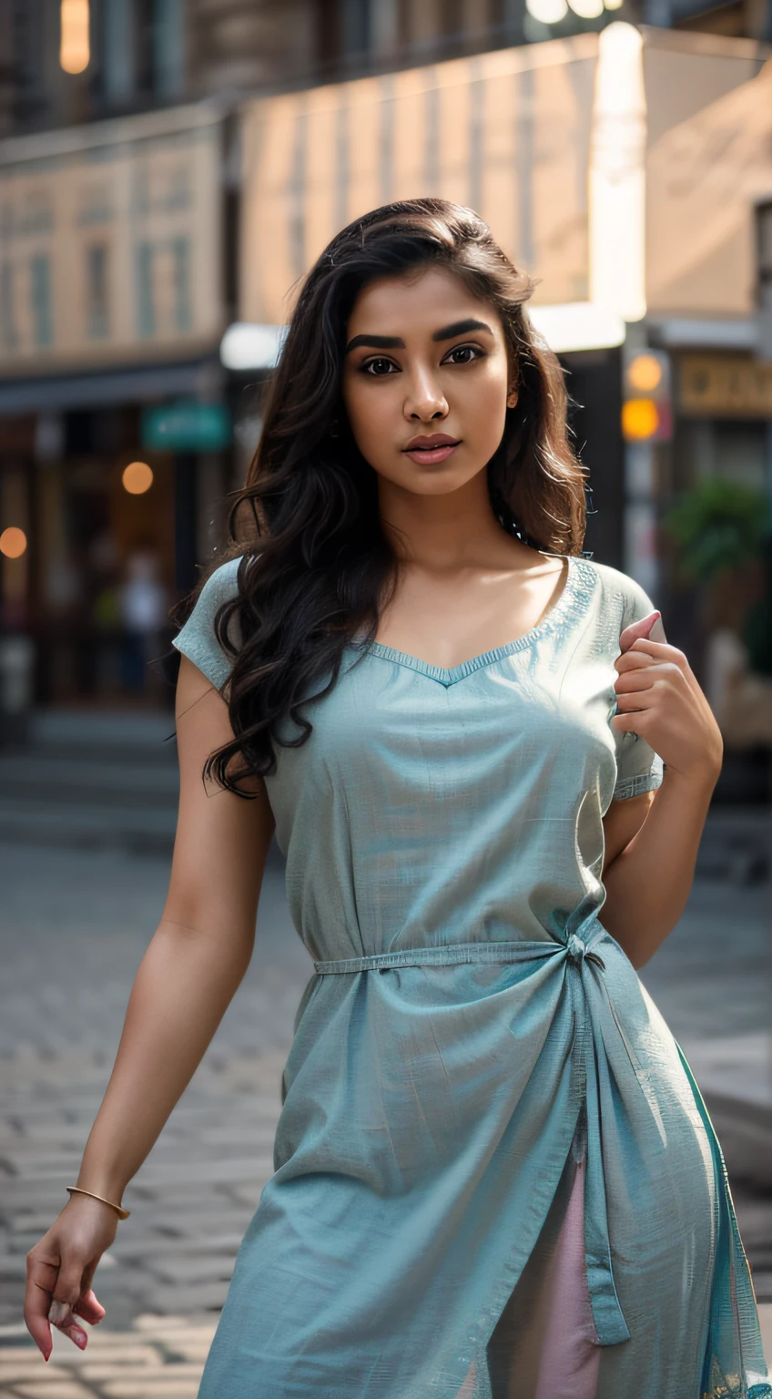 ultra-realistic photographs,Indian Instagram female model,mid 20s,9:16,mid-shot,beautiful detailed eyes,detailed lips,longeyelashes,black curly hair,naturally full eyebrows,perfectly formed nose,expressive face,attractive appearance,confident and elegant posture,graceful movement,vibrant and colorful dress,rich and intricate embroidery,night street background,serene and natural atmosphere,stunning architecture,soft and natural lighting,vivid colors,photorealistic,HDR,highres,studio lighting,ultra-detailed,bokeh