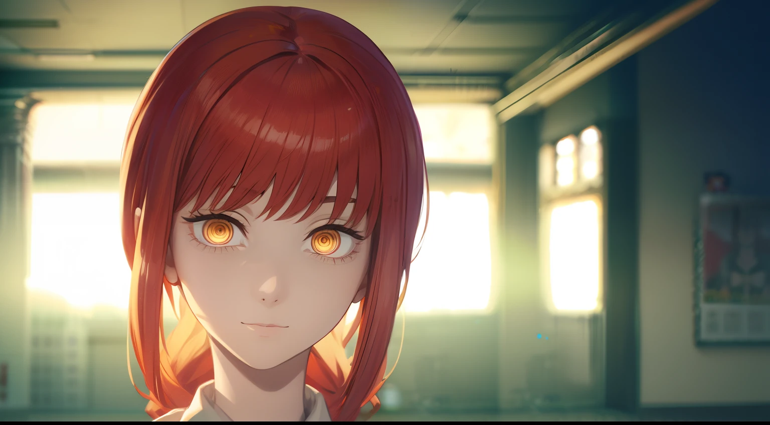 naked body, A ruined building, sexy body, beautiful breasts, waist, tmasterpiece, beste-Qualit, portraite of a, a 1girl,makima \(chainsaw man\), 独奏, standingn, redhead hair, hairlong, braided, (bright glowing eyes: 1.4), (golden eyes: 1.3), dilated pupils, quiff, Average Breasts, white shirt, tie, opinion, ssmile, looking a viewer, (interview:1.3), hight resolution, (facial focus:1.4), (gaze at the viewer:1.15), (black backdrop,)