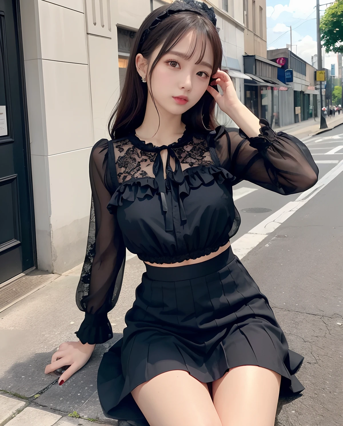 (Best Quality, 8K, masutepiece, Ultra HD: 1.3), 1girl in,Wolfcut,cocky,Facial expressions inviting a man,Glossy,slender body shape,Delicate lips,beautidful eyes,二重まぶた,Black blouse,White Heart Ribbon,frilld,Black Lace Up Ruffled Heart Skirt,Landmine fashion,street,date,Kamimei