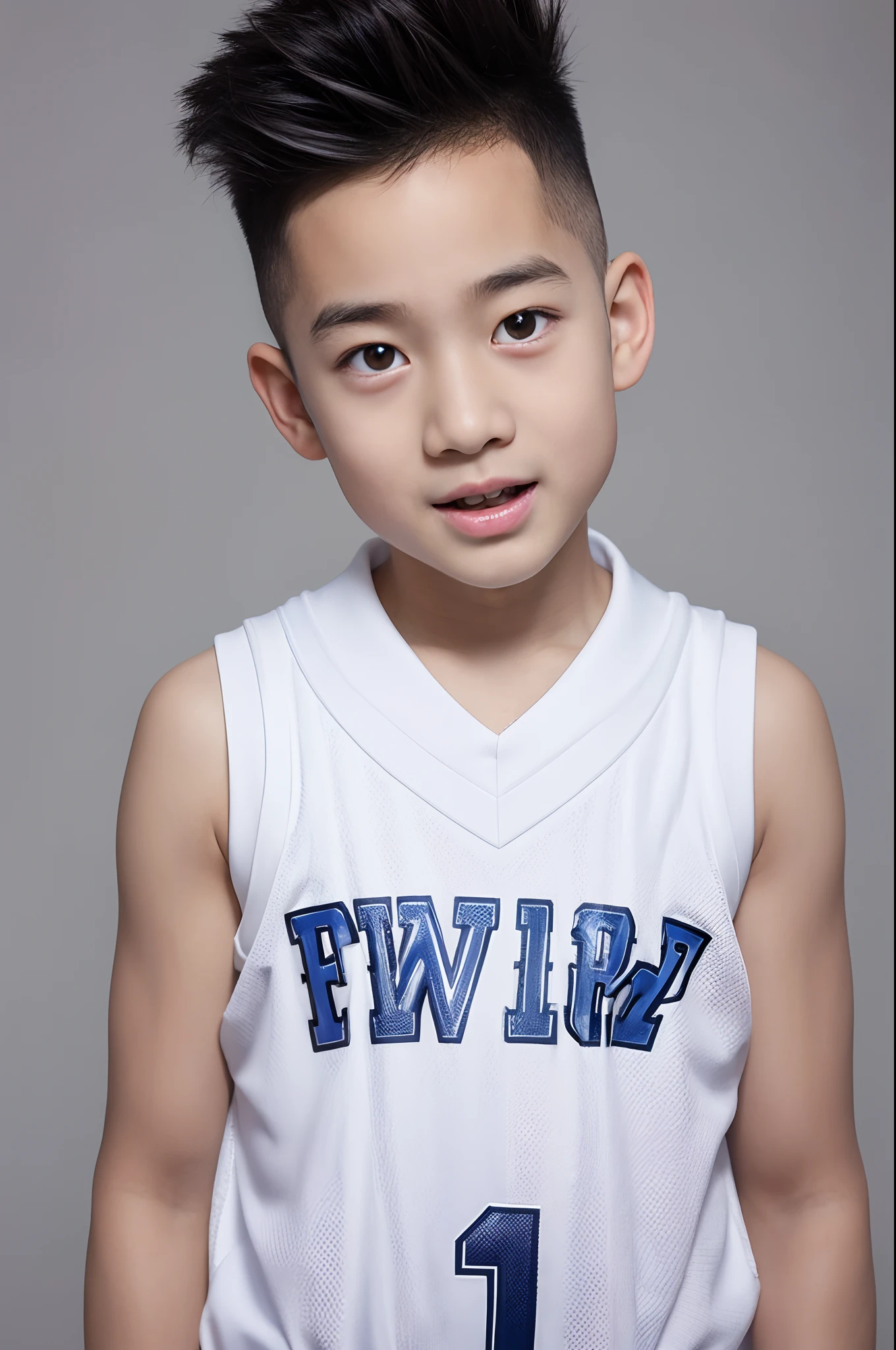 arafed baby in a white basketball uniforms, full body shoot, Quiff haircut, look at camera, detailed facial parts, Active Boy, Freestyle Pose, Happy Expression, perfect anatomy, symmetric body, asian boy , young, high detail, asian, realistic, human skin, Short Hairstyle, cute, human skin, (eyes contact), detailed fingers