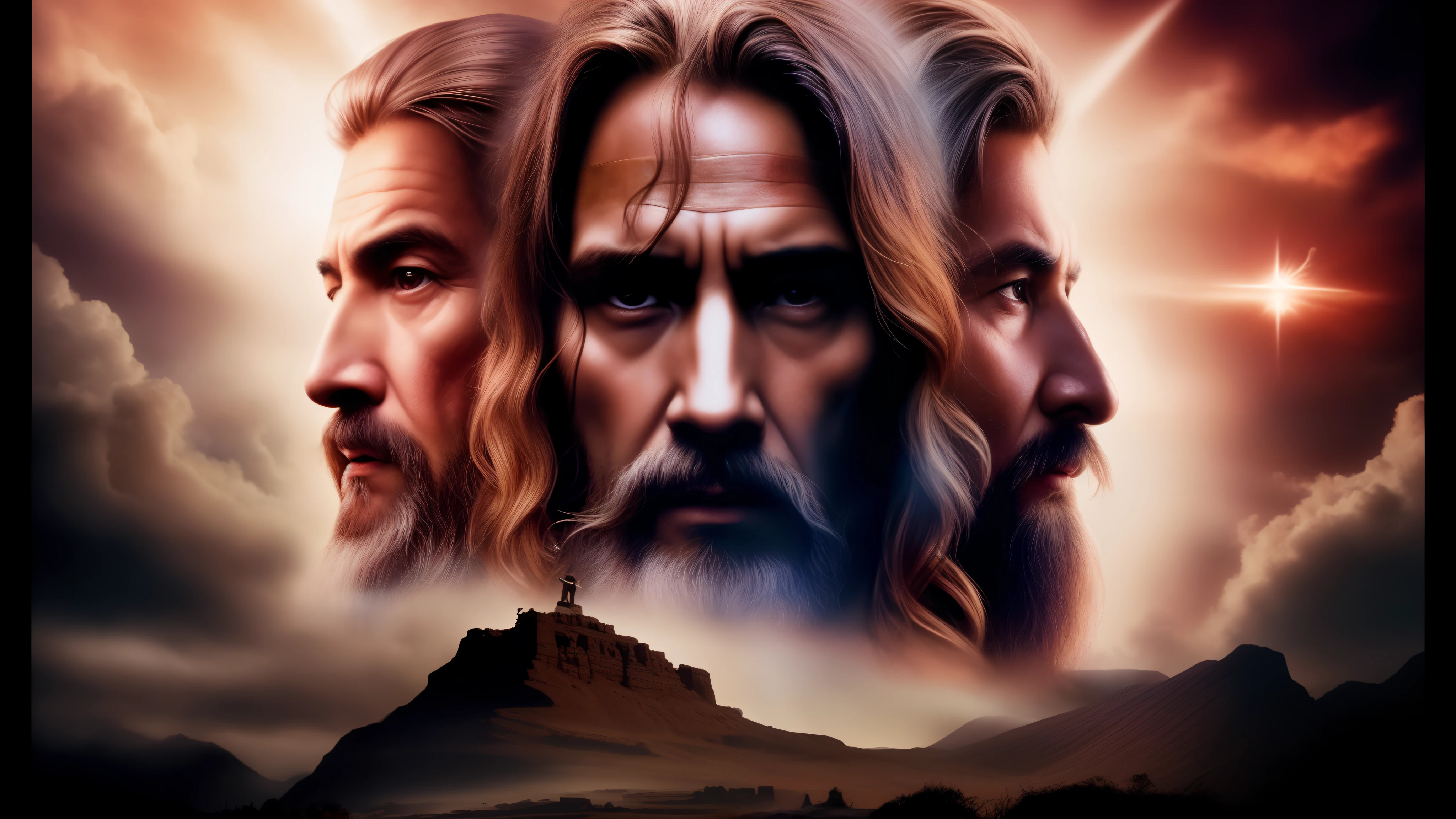 a close-up of a movie poster with a Moses man, Jesus, Elijah of the Bible, curar, dramatic artwork