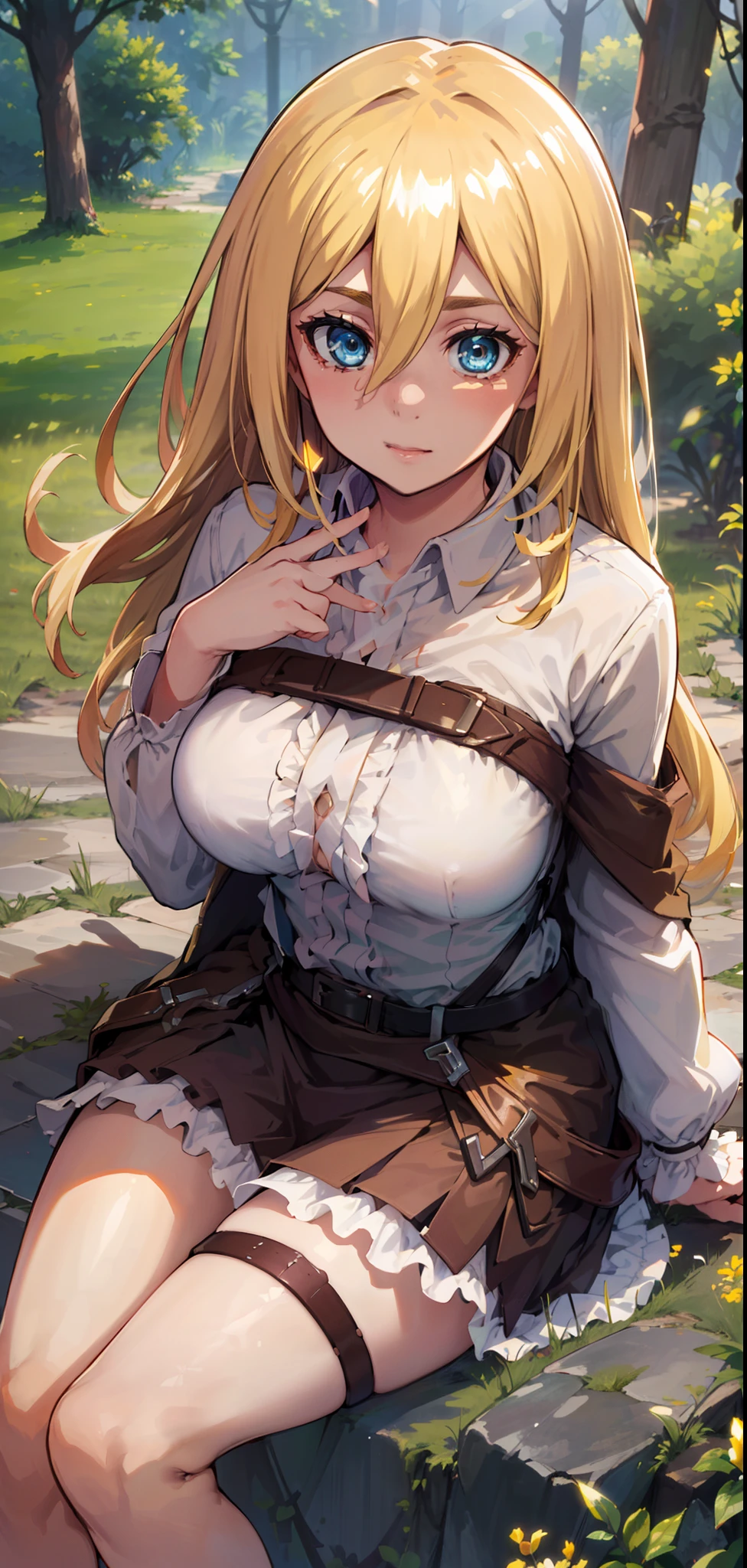 (day:1.7), Forest background,
sitting on the floor,long sleeves,belt,
thigh strap, thighs,
blonde hair,blue eyes,bangs, Long_hair,(hair between eyes:1.3),
1 girl, 20yo,mature female,Beautiful Finger,Beautiful long legs,Beautiful body,Beautiful Nose,Beautiful character design, perfect eyes, perfect face,
looking at viewer, in the center of the image,focus on face,
NSFW,official art,extremely detailed CG unity 8k wallpaper, perfect lighting,Colorful, Bright_Front_face_Lighting,
(masterpiece:1.0),(best_quality:1.0), ultra high res,4K,ultra-detailed,
photography, 8K, HDR, highres, absurdres:1.2, Kodak portra 400, film grain, blurry background, bokeh:1.2, lens flare, (vibrant_color:1.2)
(Beautiful,Large_Breasts:1.2), (beautiful_face:1.5),(narrow_waist),