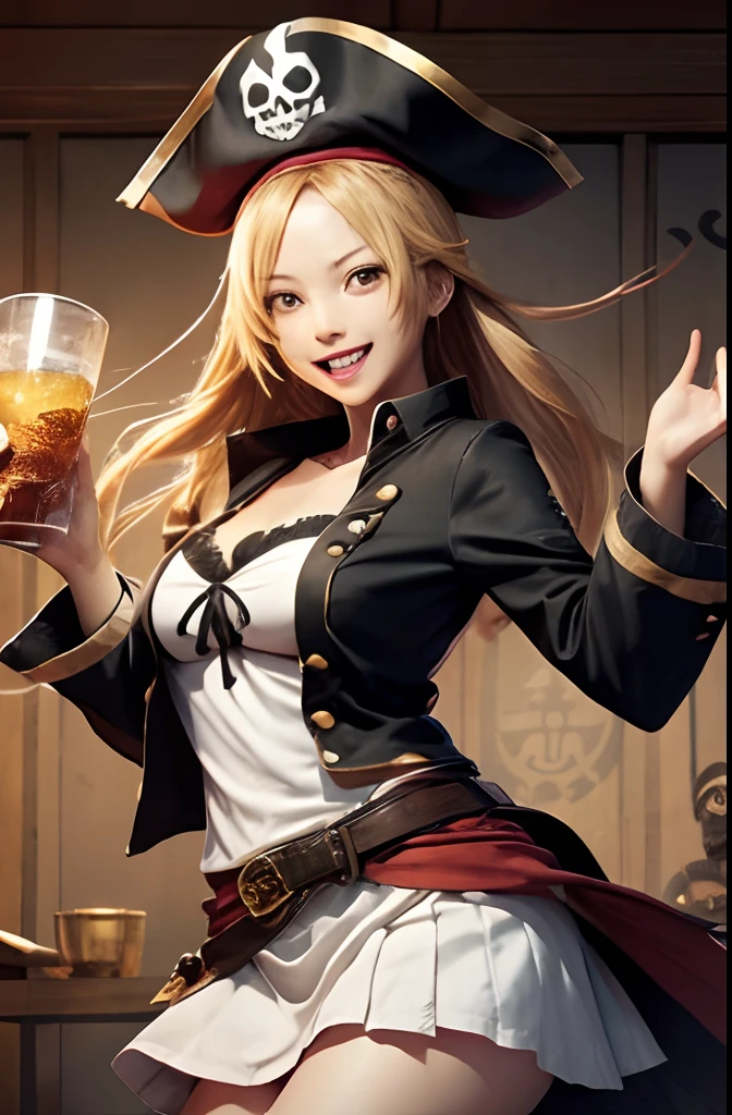 ((((masutepiece)))), High quality, very_high_resolution, Large_filesize, fulcolor、2 females、a pirate, sing happily, A big smile、pirate clothing、a miniskirt、cute smile face、Guitar vocals, Shout、Dynamic movement、alcohol,skull, captain, banquet,wall paintings, goblet,Lots of skull objects on the background、Raster Color