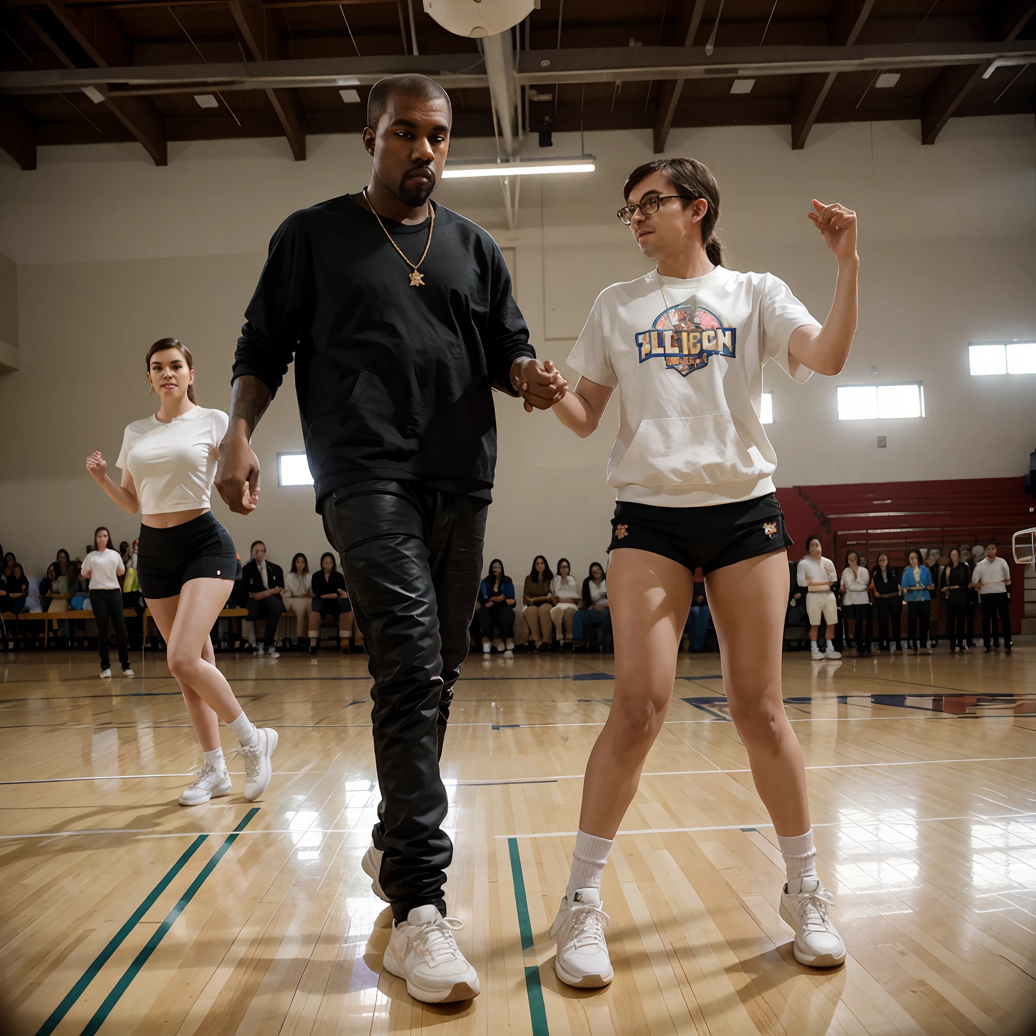 Kanye West and Rivers Cuomo dancing in a high school gymnasium