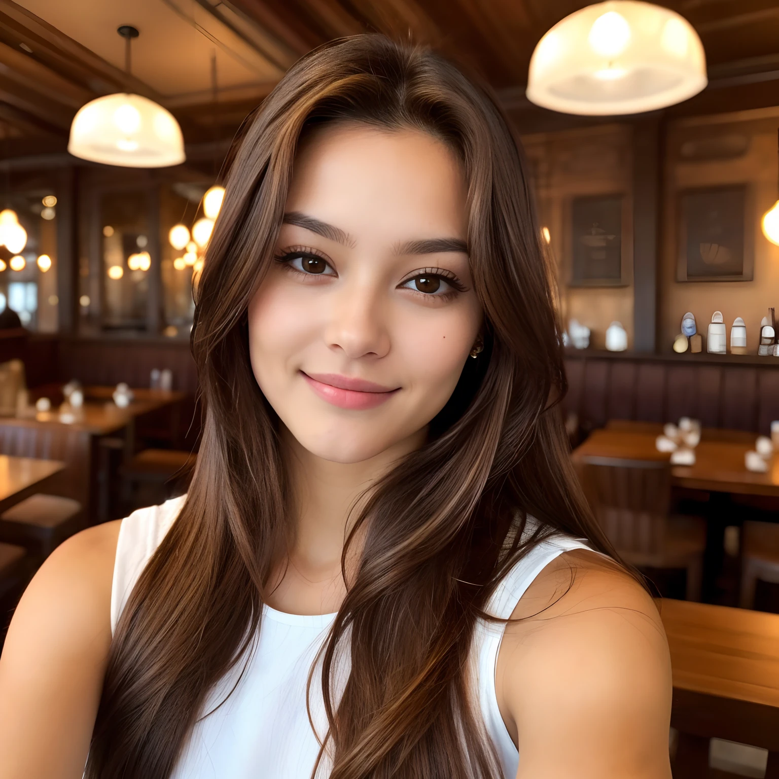 woman with long brown hair, brown eyes and taking selfie in a restaurant