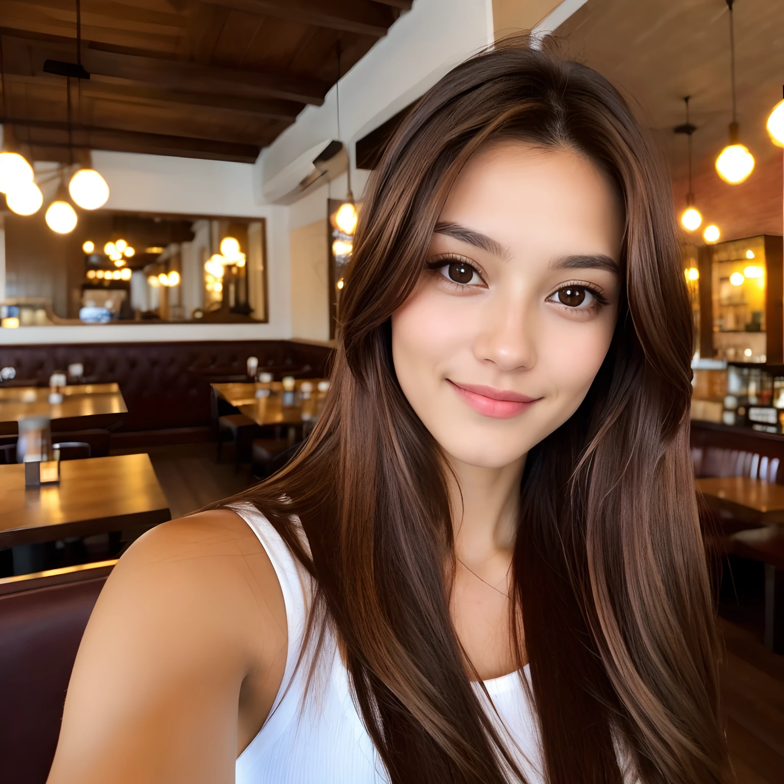 woman with long brown hair, brown eyes and taking selfie in a restaurant