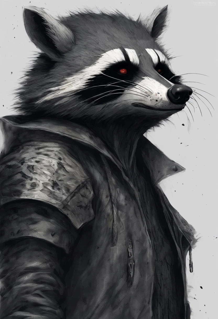 ah high, gaunt, broad-shouldered anthropomorphic Raccoon (Furry), A sense of chaos and destruction, Wears dark, Stylistic, long coat, bloody, injured