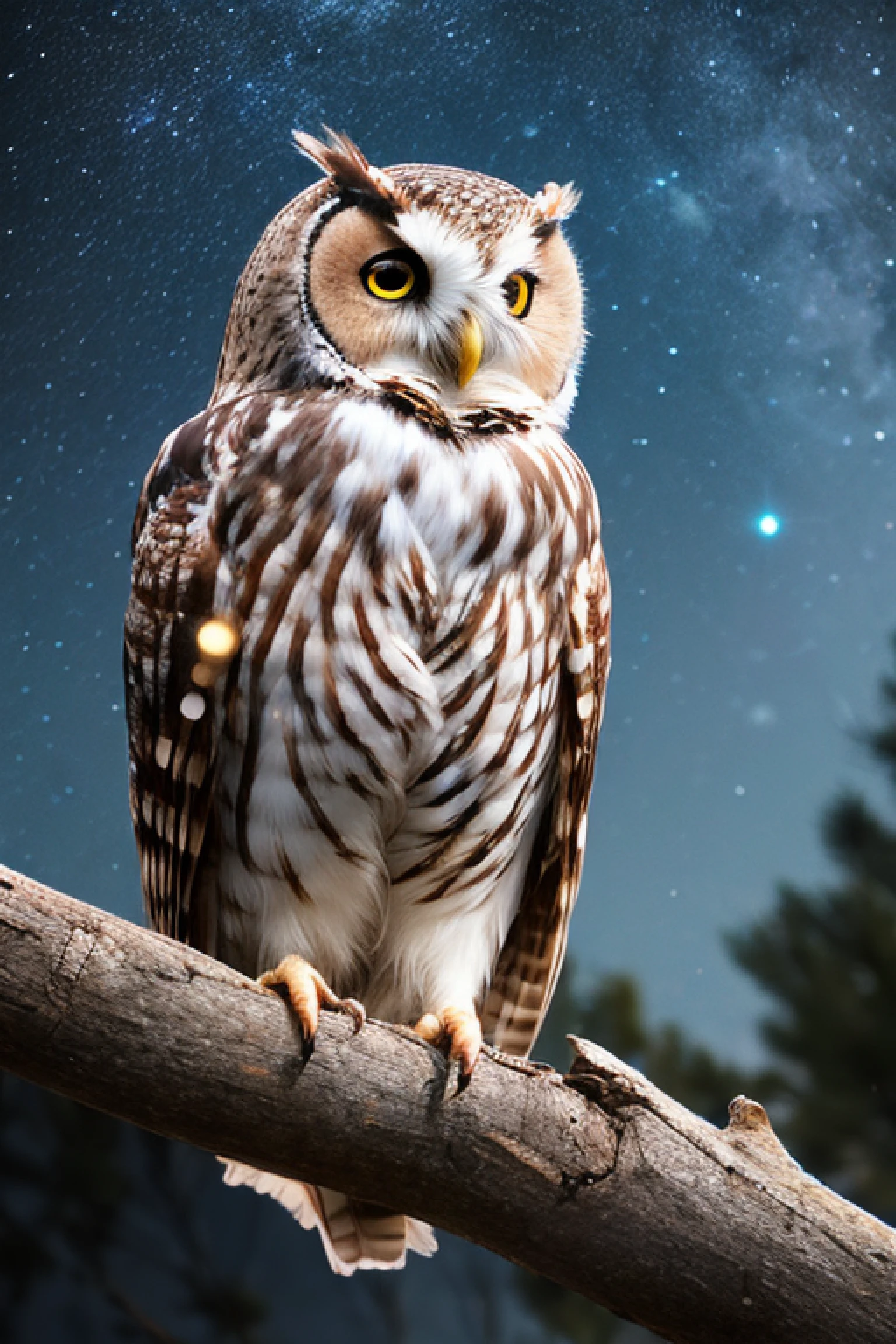 best quality, ultra-detailed, (photorealistic), 
an extremely delicate and beautiful, 
the Owl, in the night, 
round full moon, starry sky, trees, bloom light effect, 
depth of field, professional lighting, 
photon mapping, radiosity, physically-based rendering,