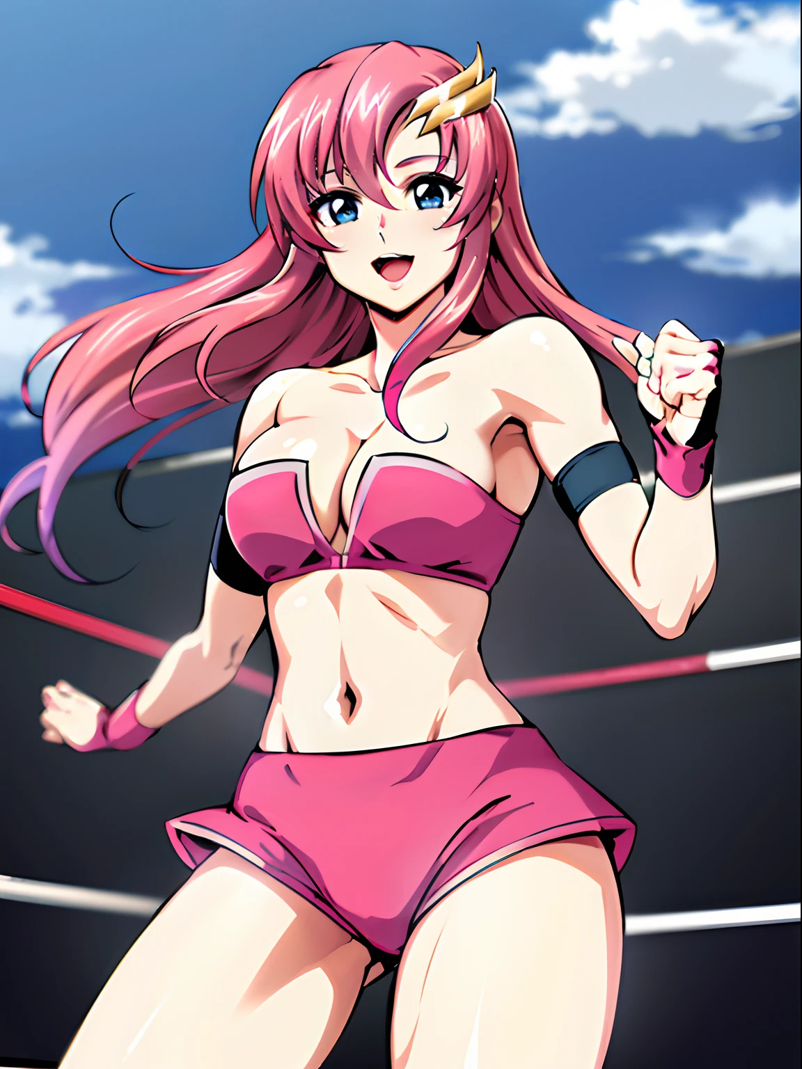 (((pink strapless wrestling outfit, gloves, pink shorts , slender body, long stomach, nice thighs, happy, gentle))), (masterpiece, standing , 4K, Best Quality, Anime style,, Adult Woman, ultra detailed face, (cloud background, wrestling), Drawing lines, high resolution, Anime, lacus4), 1girl, Solo, Long hair, 鎖骨, scapular, (Detailed wide hair bangs, Hair Ornament, Detailed reddish-pink hair, golden crest), cleavage, large hands, (pro female wrestler). (Big blue eyes, shiny eyes), ((female wrestler, little biceps, slender body, broad shoulders, closed fists, open mouth)), ((perfect proportions, medium breasts, cleavage, long belly)), (((mini strapless wrestling))),( looking at the viewer, gentle, smile),