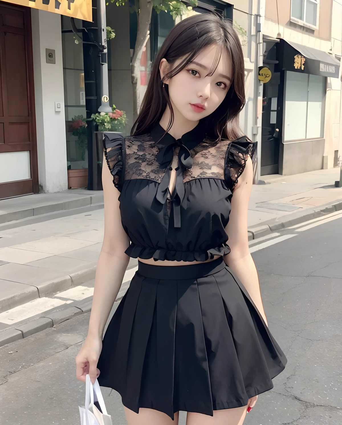 (highest quality,masterpiece:1.3,Ultra-high resolution),(Very detailed,8k),(Realistic:1.4,RAW shooting)。Above-the-knee screen、Blurred Background、Looking at the audience、A shy smile、young woman、Twin tails。camisole、belly button。City of night。Night view。