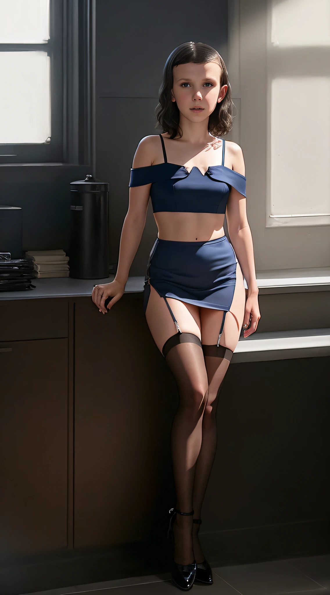 ((Millie Bobby Brown)), blue mini dress, black hip pantyhose, black cloth shoes, full body, very white skin, very long hair, wavy hair, photorealistic, indirect lighting, volumetric light, ray tracing, hyper-detailed, best quality, ultra-high resolution, HDR, 8k