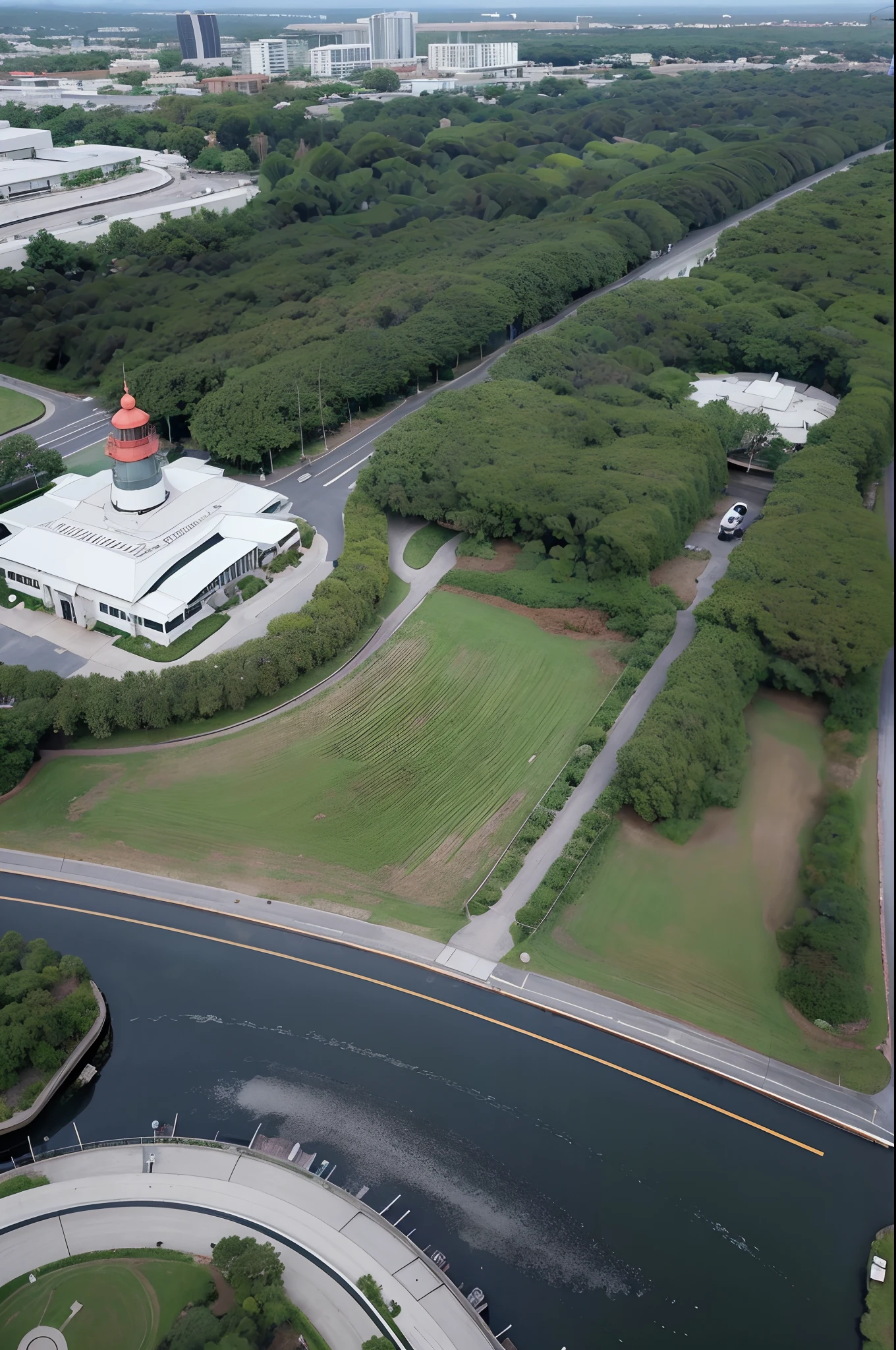 Aerial view of the lighthouse surrounded by roundabouts and parking lots, building cover with plant, helipad, lot of vegetation, empty building with vegetation, exterior botanical garden, outdoors tropical cityscape, lush vegetation in the center, photo taken from above, photo from above, parking lot, nature growing around the city, in future airport rooftop, lots of vegetation