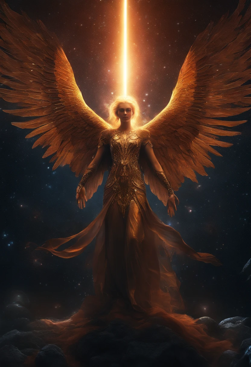 Cosmic Fallen Angel, glowing light eyes, Biomechanical, eerie, Creepy, nightmarish, Very bright colors, Light particles, with light glowing, Mshiv, wallpaper art, UHD wallpaper