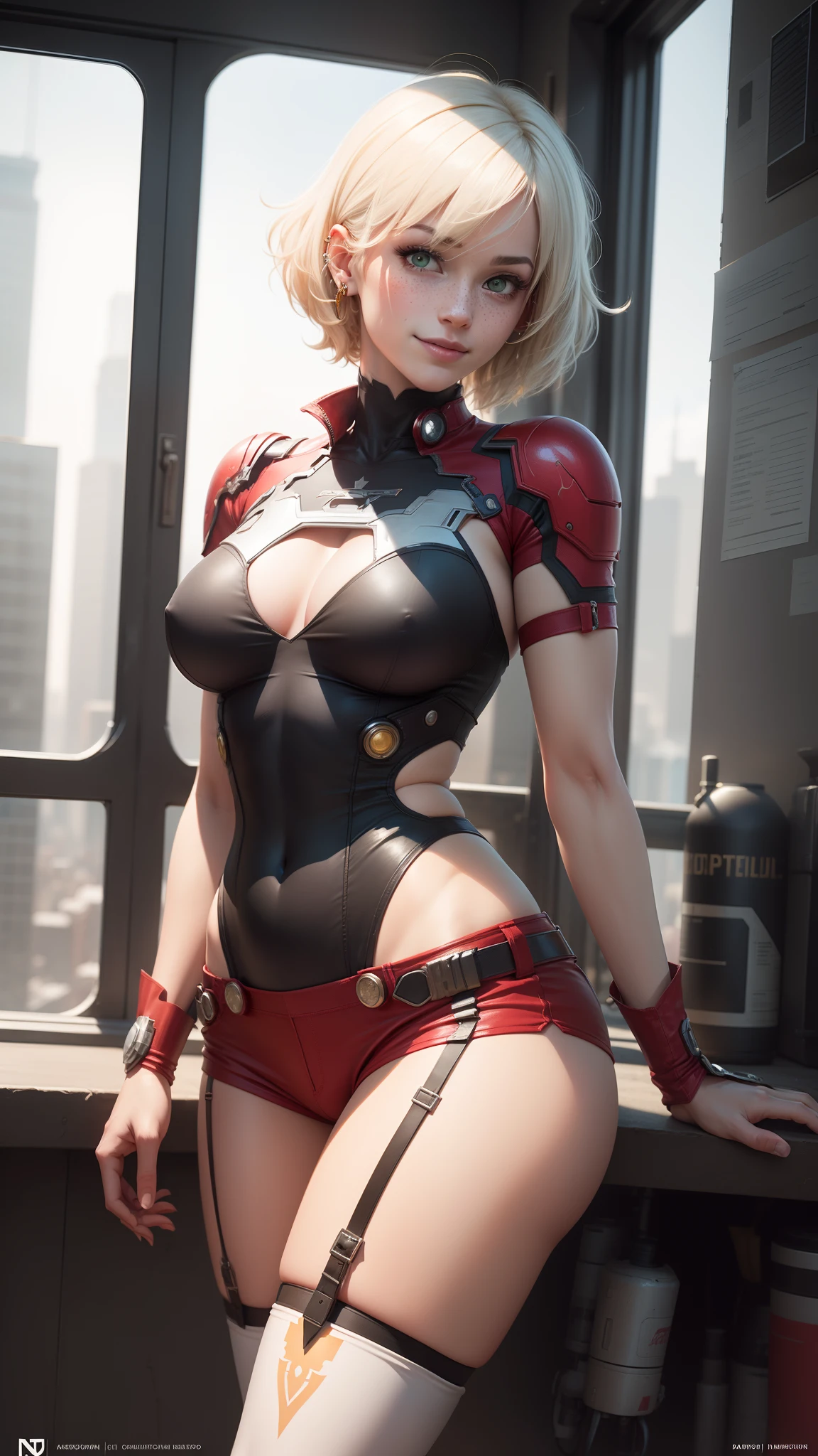 gwen tennyson,y'shtola rhul,yorha 2b,tracer,nier automata,marvel,close up,mecha pilot,city view,tattoos,gold and red plugsuit,white short sleeve lycra top,red lycra micro shorts,red garter belt,uncovered belly,short hair, cute makeup,green eyes,dimensional blonde hair,shy smile,freckles,beautiful girl,large breasts,8k hd,ultra detailed, realistic,fantasy art,iron man armor,iron man,New York city,pilot uniform,ear piercings,hair pin,saiyan girl,super saiyan female,short sleeve pilot jacket,thigh high boots,