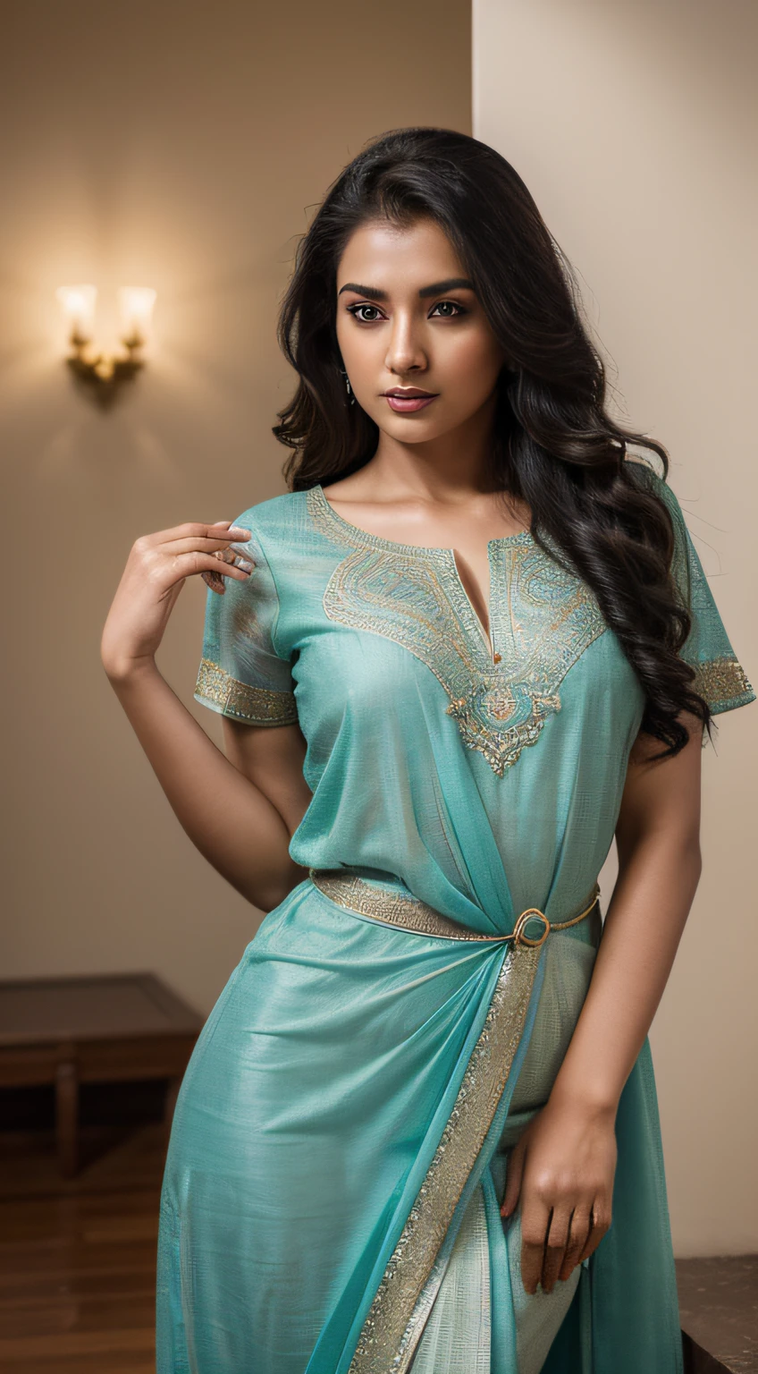 ultra-realistic photographs,Indian Instagram female model,mid 20s,9:16,mid-shot,beautiful detailed eyes,detailed lips,longeyelashes,black curly hair,naturally full eyebrows,perfectly formed nose,expressive face,attractive appearance,confident and elegant posture,graceful movement,vibrant and colorful dress,rich and intricate embroidery,night background,serene and natural atmosphere,stunning architecture,soft and natural lighting,vivid colors,photorealistic,HDR,highres,studio lighting,ultra-detailed,bokeh