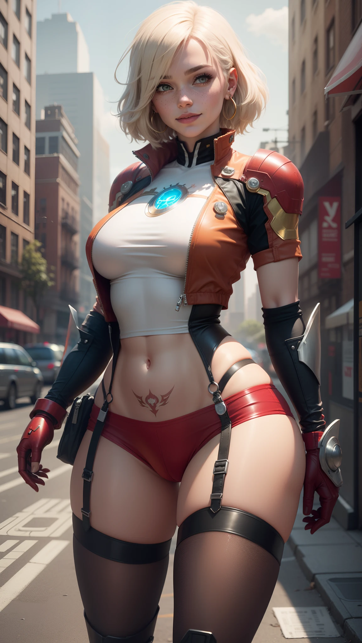 gwen tennyson,y'shtola rhul,yorha 2b,tracer,nier automata,marvel,close up,mecha pilot,city view,tattoos,gold and red plugsuit,white short sleeve lycra top,red lycra micro shorts,red garter belt,uncovered belly,short hair, cute makeup,green eyes,dimensional blonde hair,shy smile,freckles,beautiful girl,large breasts,8k hd,ultra detailed, realistic,fantasy art,iron man armor,iron man,New York city,pilot uniform,ear piercings,hair pin,saiyan girl,super saiyan female,short sleeve pilot jacket,thigh high boots,