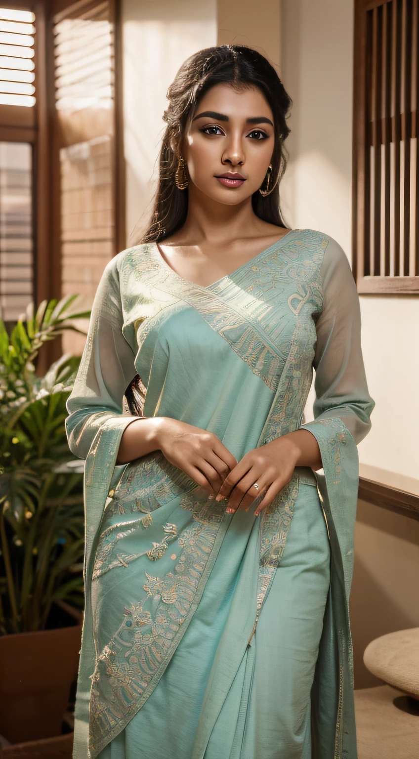 ultra-realistic photographs,Indian Instagram female model,mid 20s,9:16,mid-shot,beautiful detailed eyes,detailed lips,longeyelashes,black curly hair,naturally full eyebrows,perfectly formed nose,expressive face,attractive appearance,confident and elegant posture,graceful movement,vibrant and colorful dress,rich and intricate embroidery,office background,serene and natural atmosphere,stunning architecture,soft and natural lighting,vivid colors,photorealistic,HDR,highres,studio lighting,ultra-detailed,bokeh