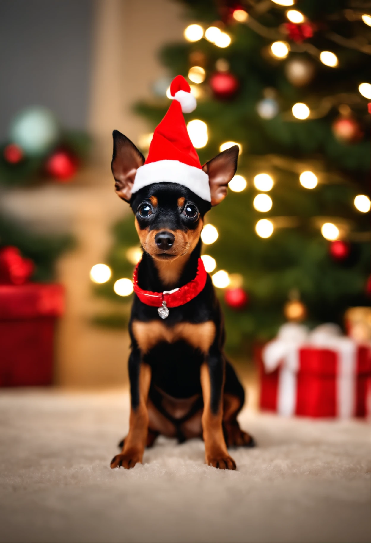 (a cute,caramel-colored miniature pinscher dog) wearing a small Santa hat, (black eyes), and standing in front of a brightly lit Christmas tree. (best quality, highres, realistic:1.37),(photorealistic), (vivid colors), (studio lighting), (portrait),(holiday atmosphere),(festive mood), (bokeh)