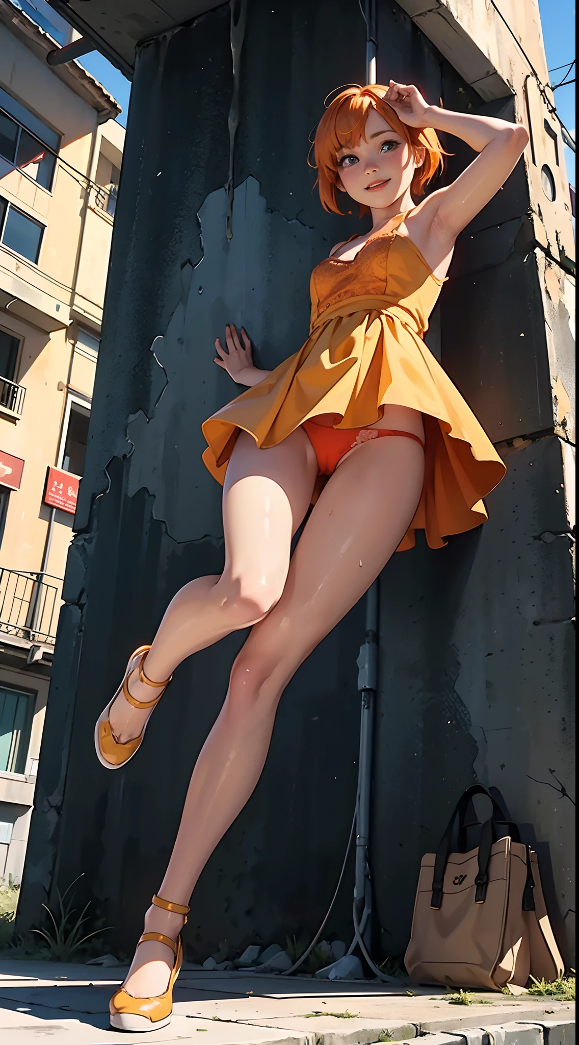 {{{masterpiece}}}, {{{best quality}}}, {{ultra detailed}}, (Realistic, Unity, Official Art), (nsf), Beautiful photo of girl lifting up her dress with both hands, dress wet very short yellow plunging neckline, exposed red lace panties, (young girl), (smile: 1.3), (sweaty skin: 1.5), orange hair, (very short orange hair), (full body: 1.2), (lifting miniskirt alone : 1.7), (very short yellow dress) (photo in panties), (abandoned building), (ruined building), (from below: 1, 5), (view from below: 1.5) wet clothes