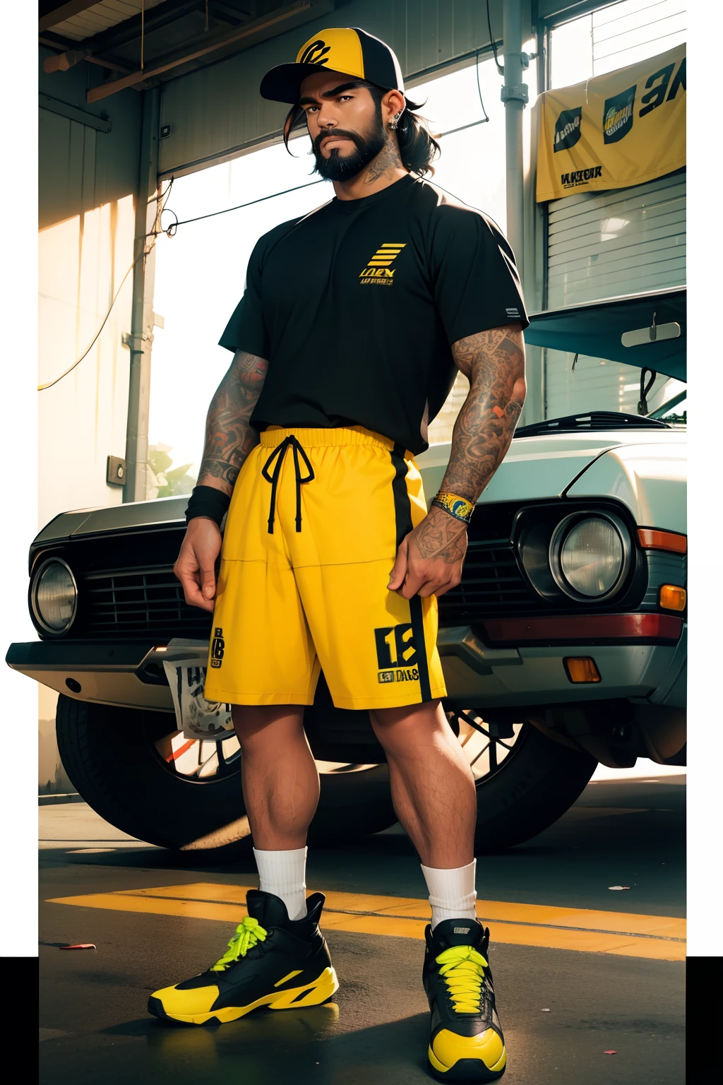 character sheet, filipino male, brown curly hair, standing, beard, slim build, baseball cap, socks, neon socks, car mechanic, carpenter, mullet, full body tattoos, boots, blackout tattoos, earrings, yellow soccer team shirt