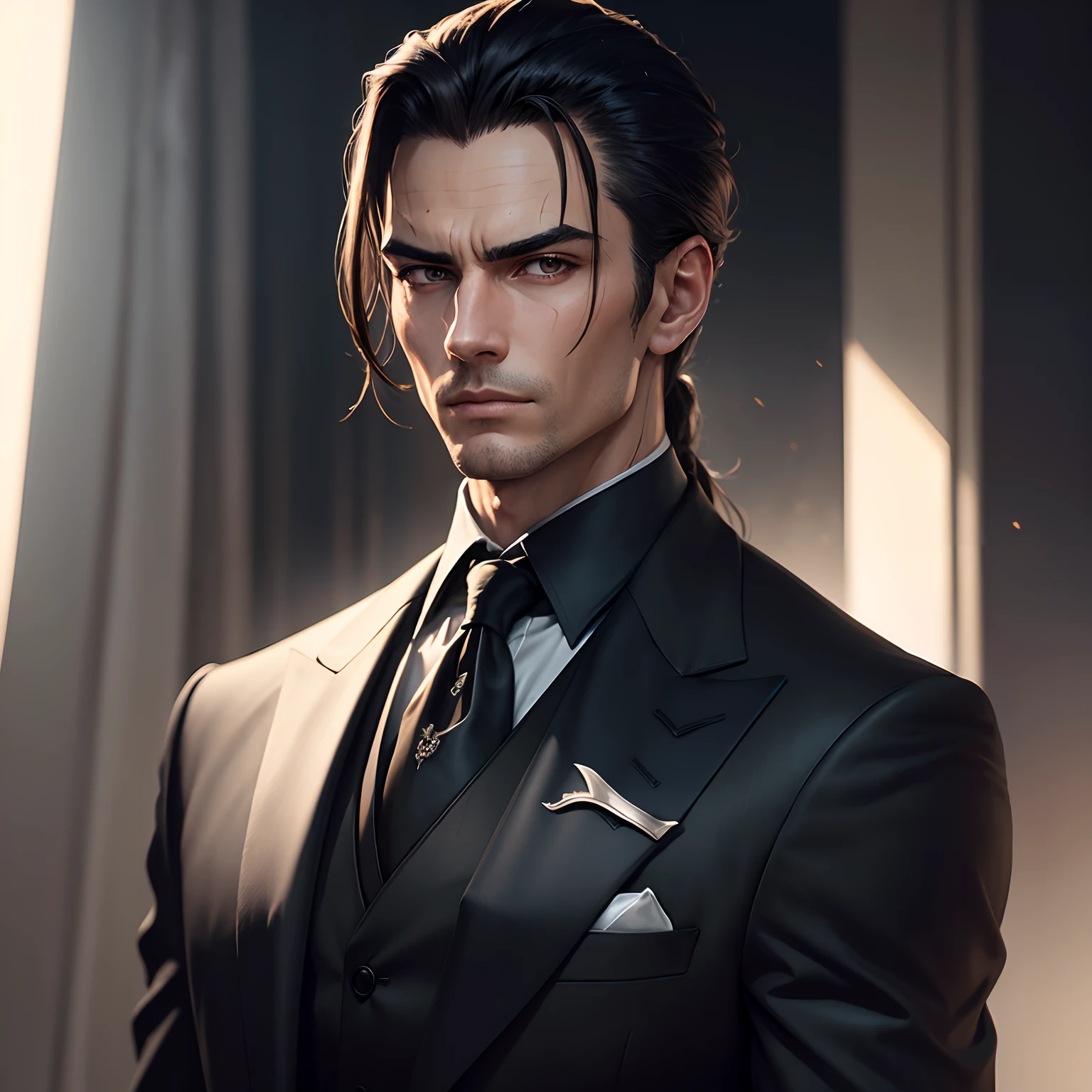 Detailed portrait of a person in an elegant suit, serious looking, looking directly at the camera, standing straight, straight hands, square jaws, masculine face, scar in right eye, long slick back hair, black appearance, wearing a formal suit, detailed clothing texture, realistic skin texture, sharp black background, focus on front view, waist up, high contrast shot, strong backlighting, movie Action Dark Color Lot Cinema Lot.”
