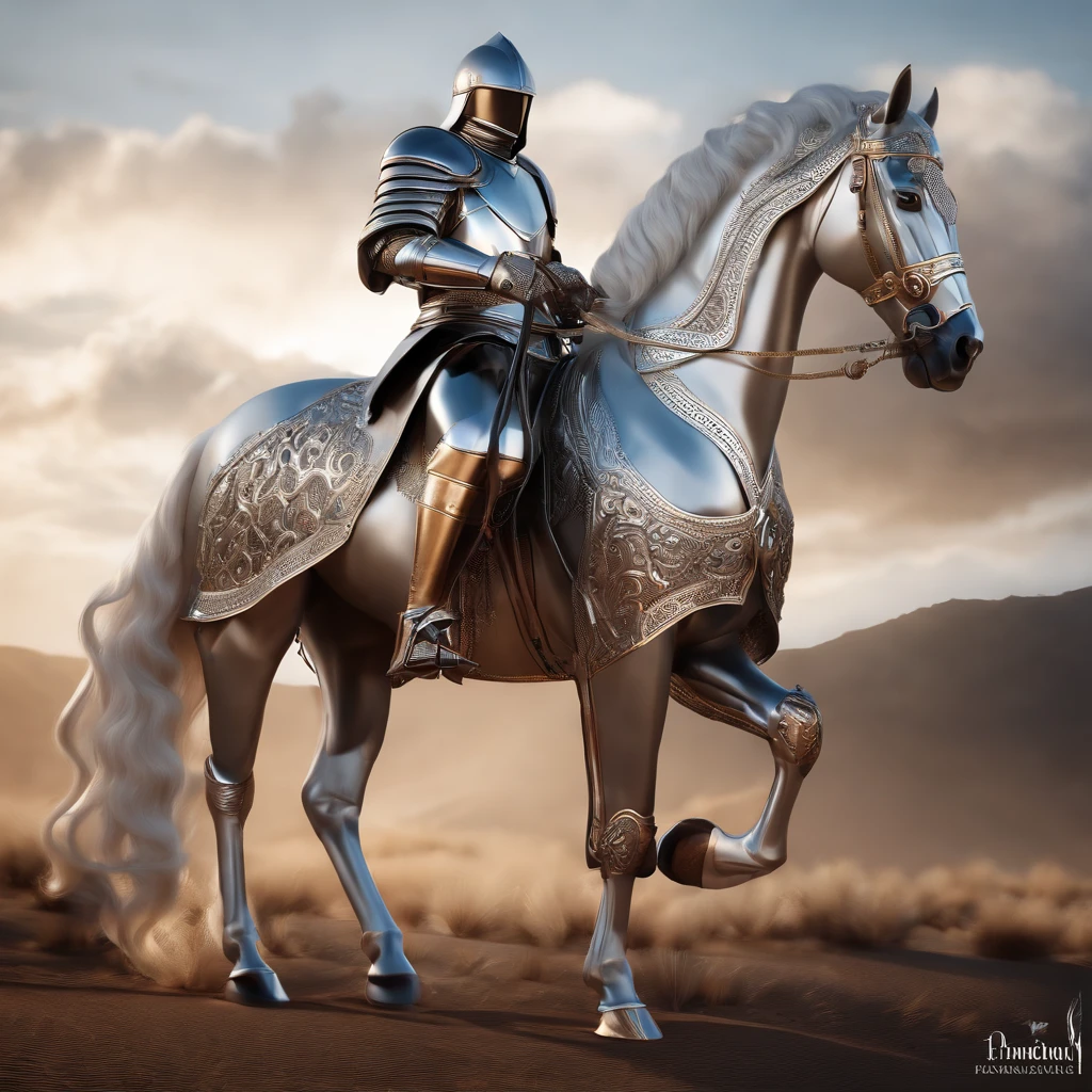 Anthropomorphic white horse in armor，Extremely aesthetically intricate details，tack sharp focus，captivating lighting，trending on artstationh，Fine armor，Cinematic lighting，intricate filigree metal design，8k，Unreal engine，octaneratingrendering