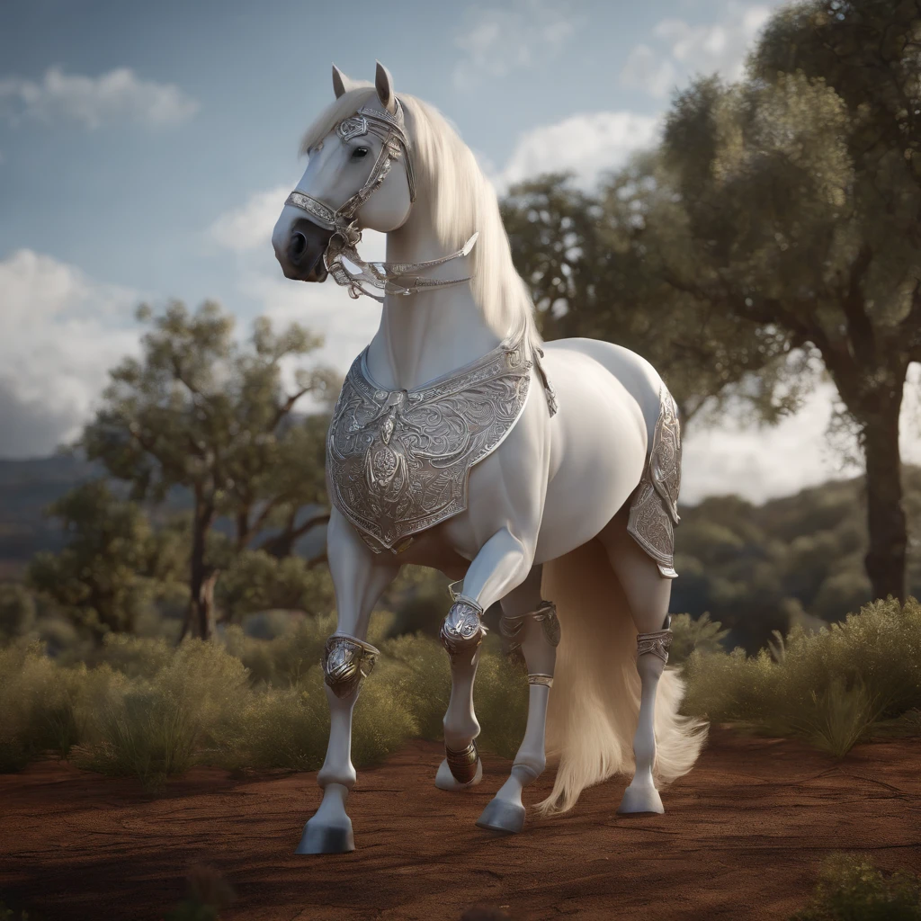Anthropomorphic white horse in armor,Extremely aesthetically intricate details,tack sharp focus,captivating lighting,trending on artstationh,Fine armor,Cinematic lighting,intricate filigree metal design,8k,Unreal engine,octaneratingrendering