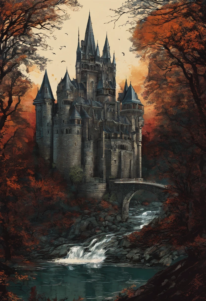 Masterpiece, best quality, castle, forest, river, medieval walls, stone walls, hill, large castle,