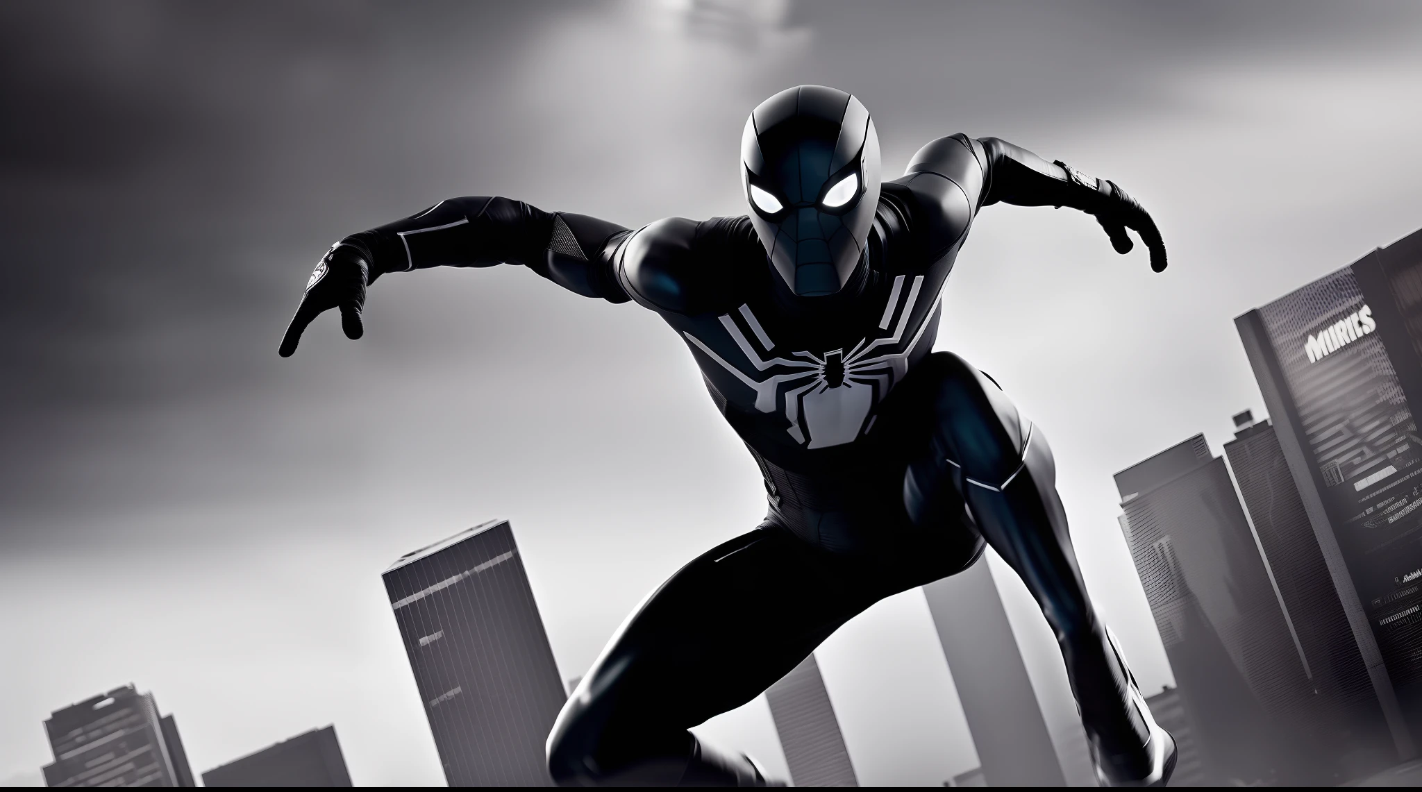 Black and white Spider-Man 3，，super wide angle view，urban backdrop，Dark wind，Cinematic texture，Cloth cloth，Glass shattering picture，Realistic scenarios，Full body portrayal，Marvel movies，Ultra-realistic rendering of movie posters
