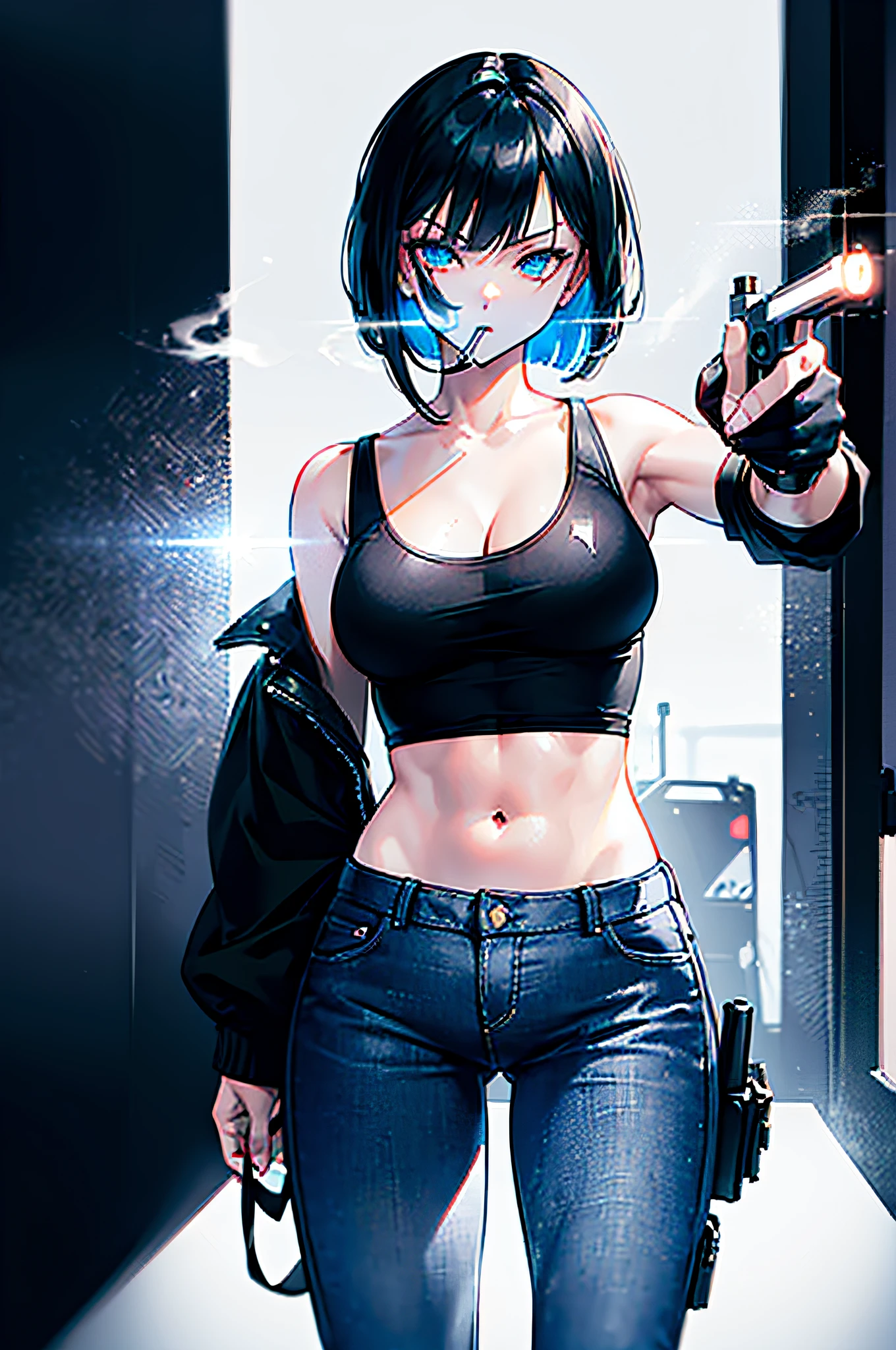 (hold a gun),(Cigarettes in the mouth)(Wearing a black tank top),(Wearing blue jeans and shorts)(Holding a gun),(Strong looking girl),(Black hair bob hair tied back one at the back),(Glowing blue eyes),(Fierce eyes),(With a pistol in his hand),(Illustration),(Detailed drawing),(Best Quality:1.2),(Ultra-detailed),(Photorealistic:1.37),(Vivid colors),(Studio Lighting),(Dark atmosphere)(8K),(ultra-detailliert)