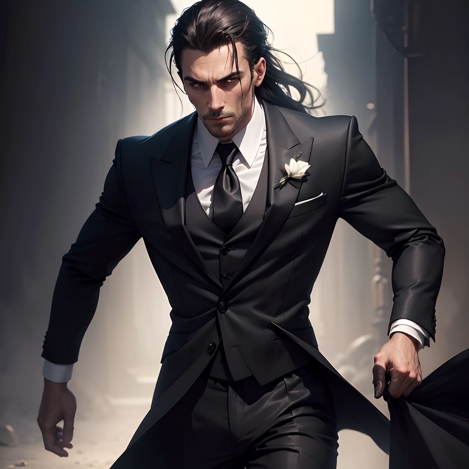 Detailed portrait of a person in an elegant suit, serious looking, looking directly at the camera, standing straight, straight hands, square jaws, masculine face, scar in right eye, long slick back hair, black appearance, wearing a formal suit, detailed clothing texture, realistic skin texture, sharp black background, focus on front view, waist up, high contrast shot, strong backlighting, movie Action Dark Color Lot Cinema Lot.”
