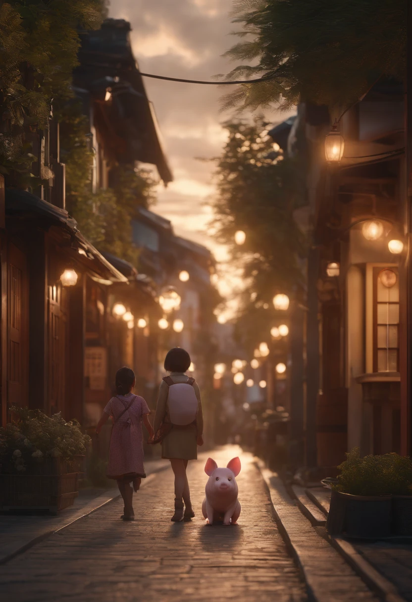 A piglet in armor and a little girl on the street, city street sunset, movie lighting, movie shooting AR 9:16 -N 6-G, Japonisme 3 D 8 K hyper-detailed, realistic street view, octane rendering. Author: Makoto Shinkai, realistic afternoon lights, Akihiko Yoshida. Unreal Engine, anime style. 8K